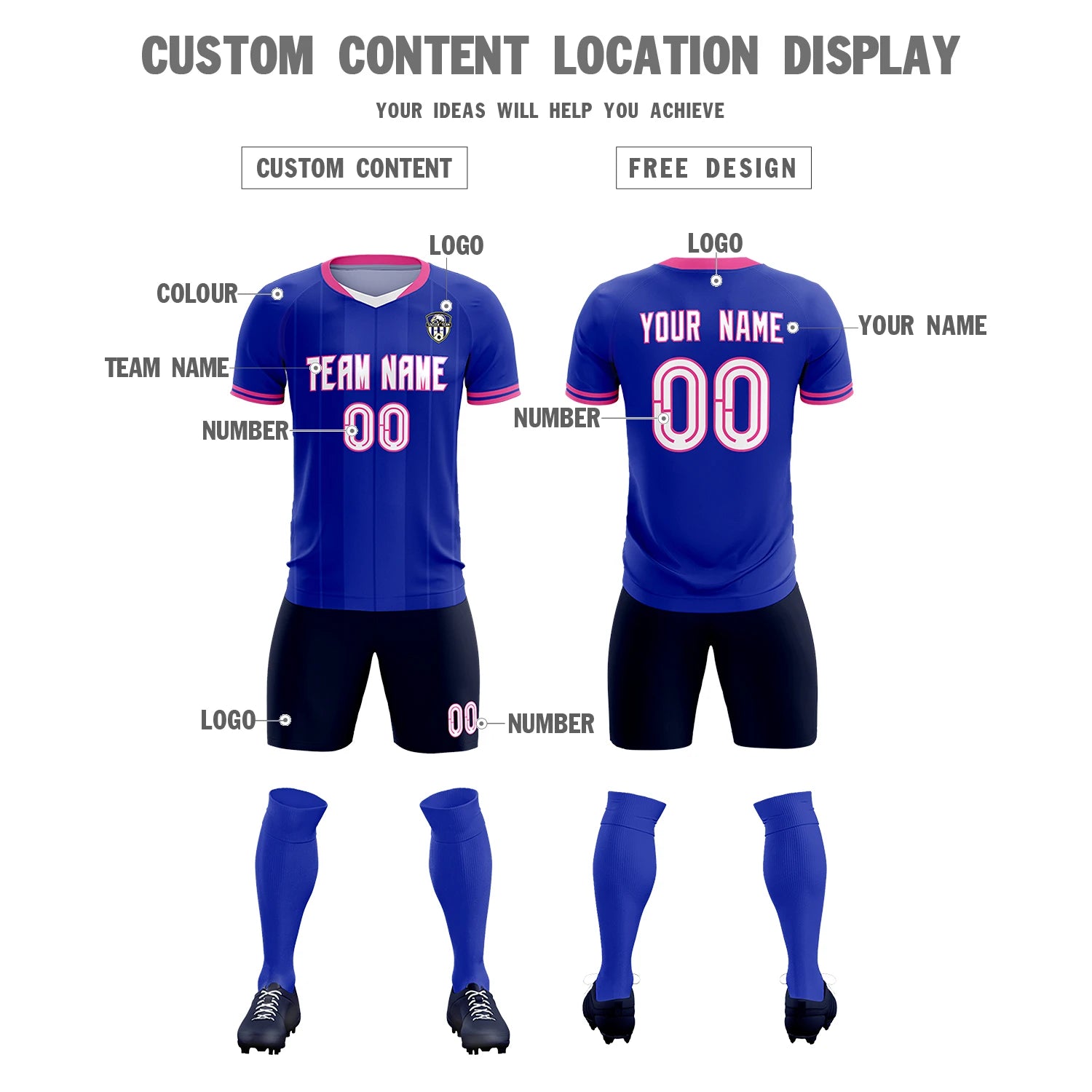 Custom Royal Blue-Pink Navy Design Uniform Soccer Sets Jersey