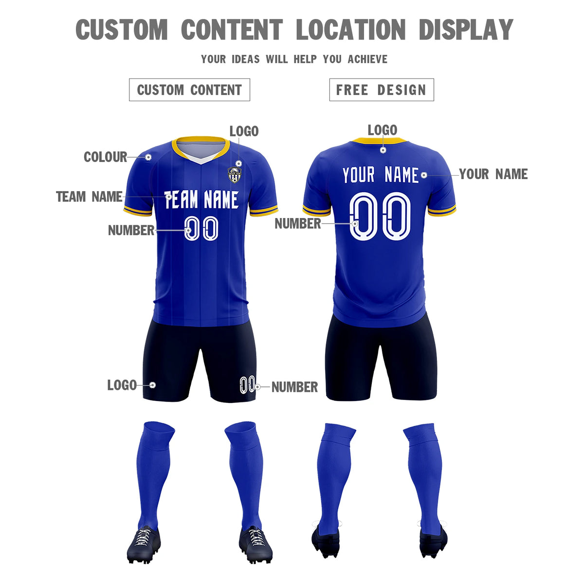 Custom Royal Blue-Old Gold Navy Design Uniform Soccer Sets Jersey
