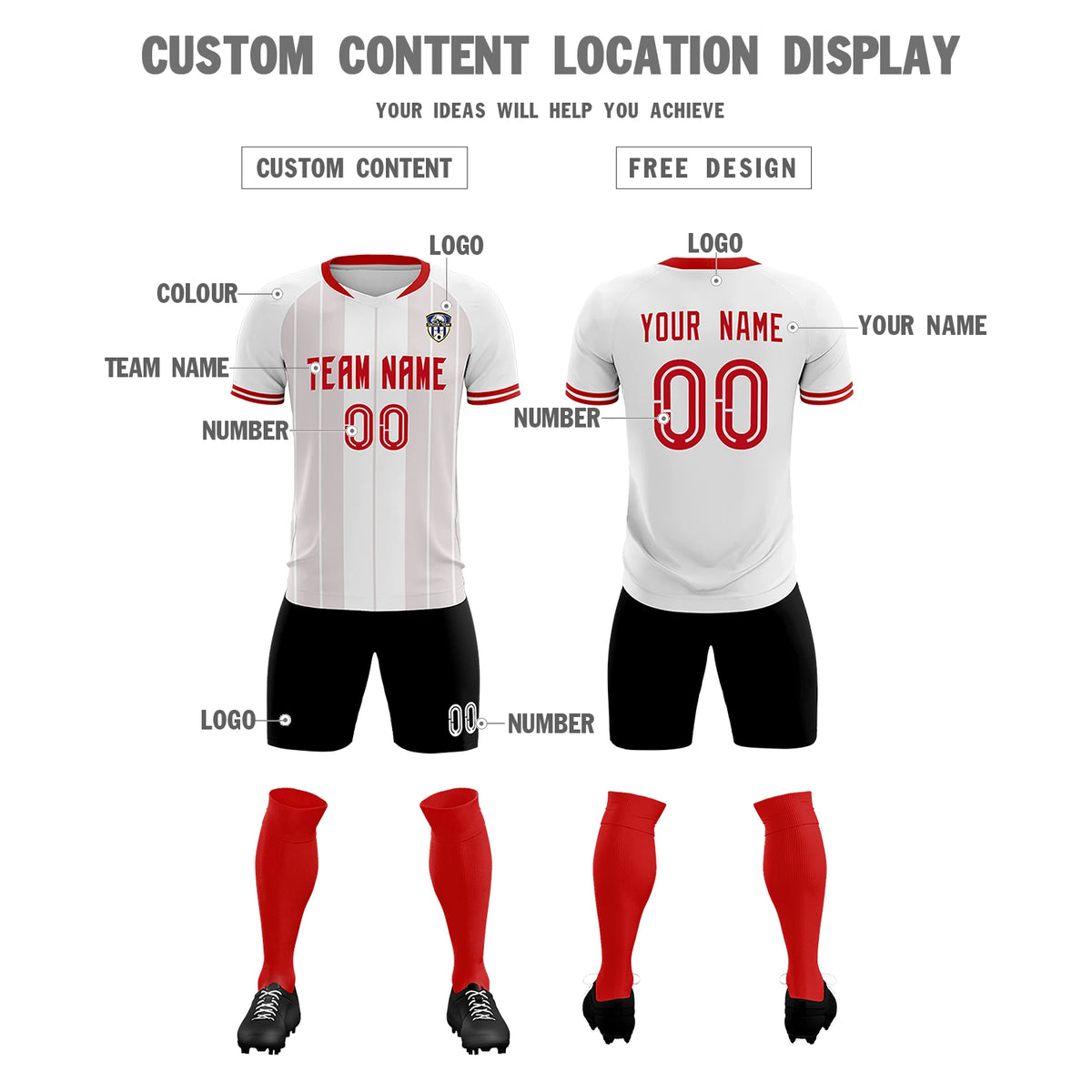 Custom White Red-Black Design Uniform Soccer Sets Jersey