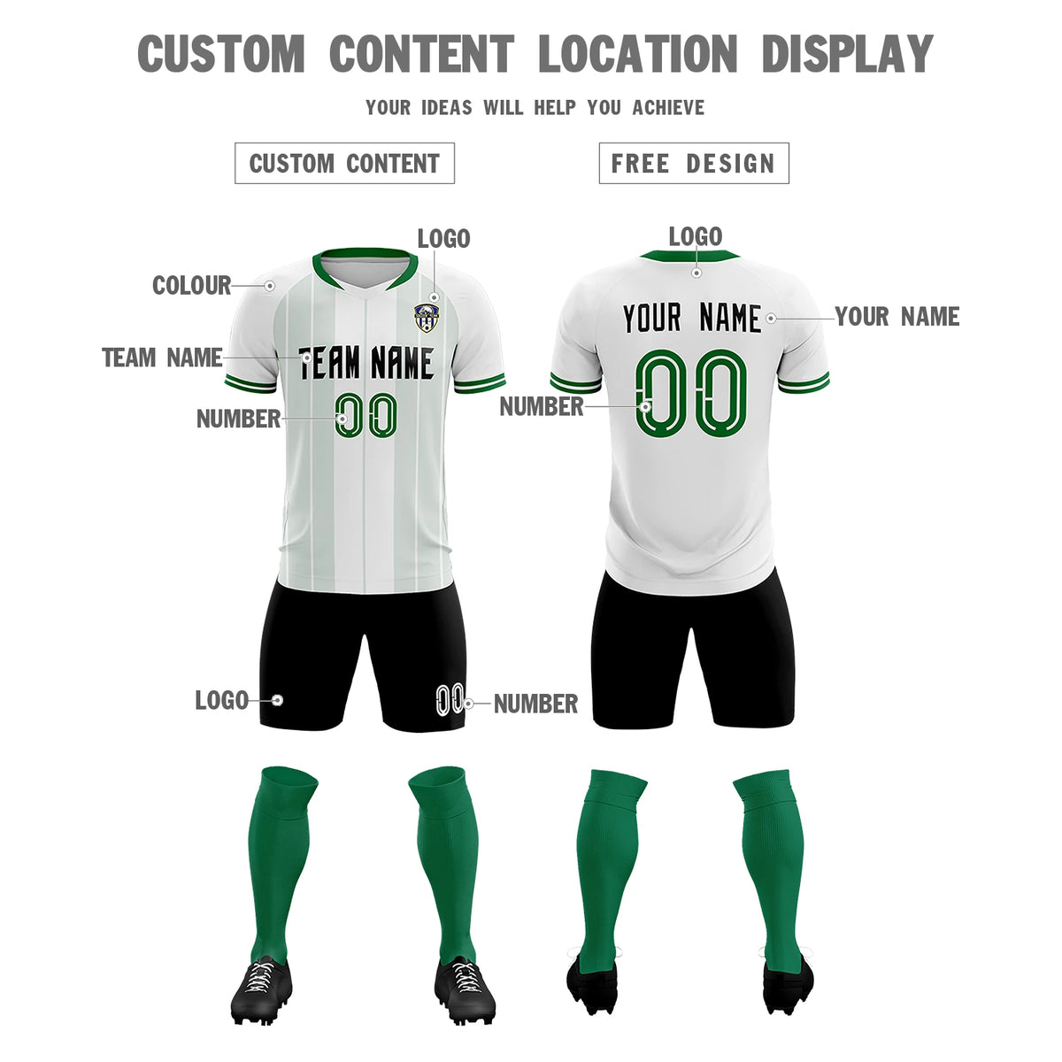 Custom White Kelly Green-Black Design Uniform Soccer Sets Jersey