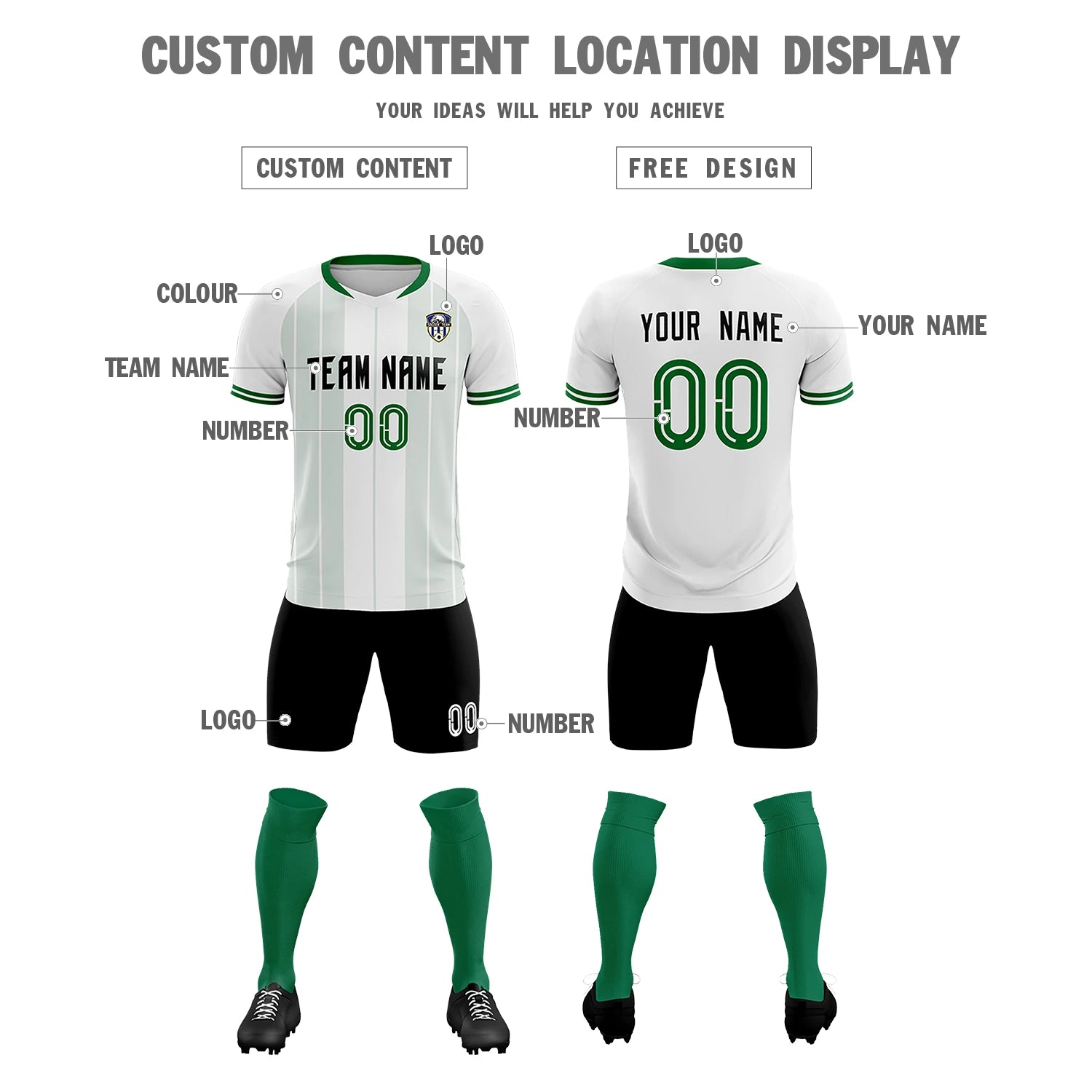 Custom White Kelly Green-Black Design Uniform Soccer Sets Jersey