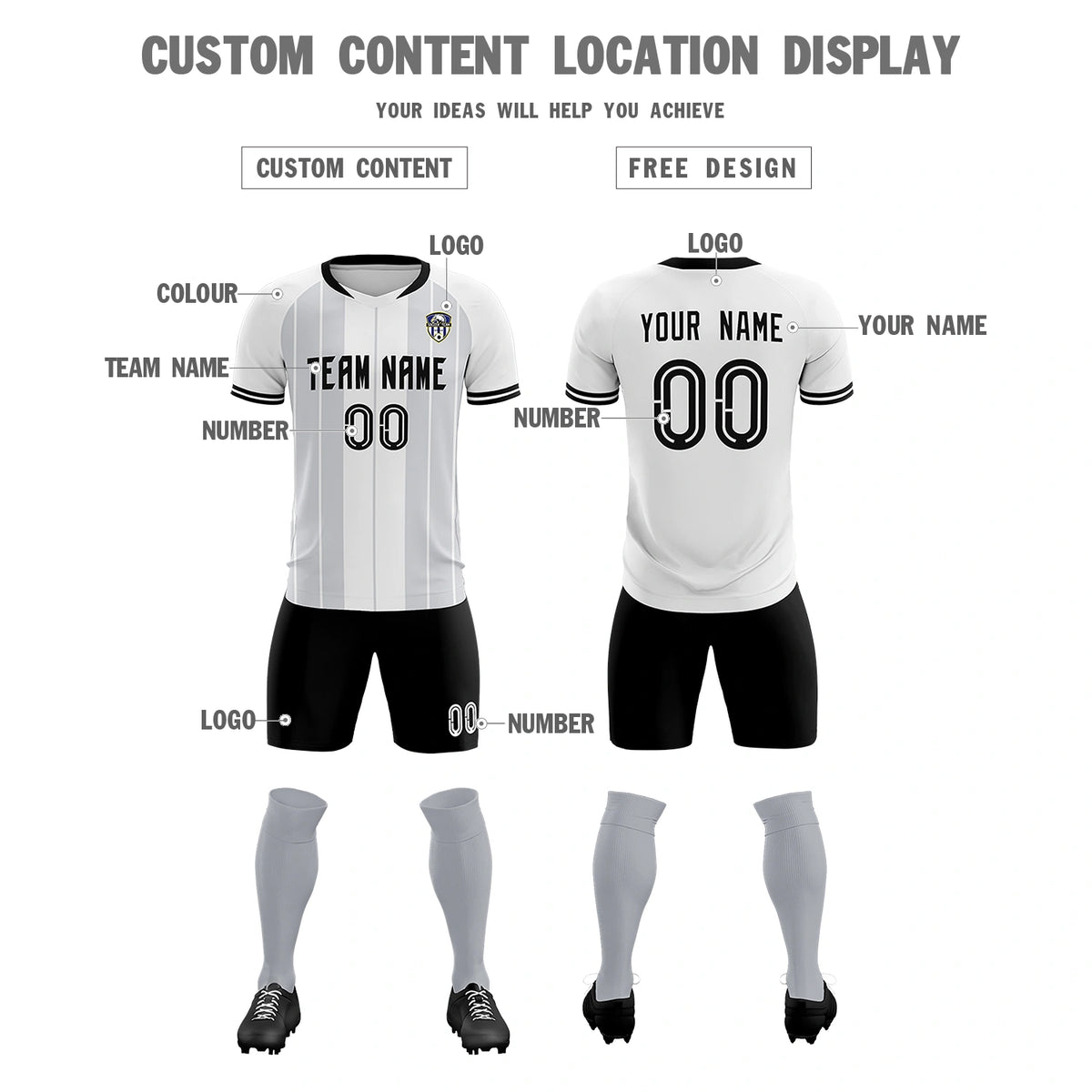 Custom White Black-Black Design Uniform Soccer Sets Jersey