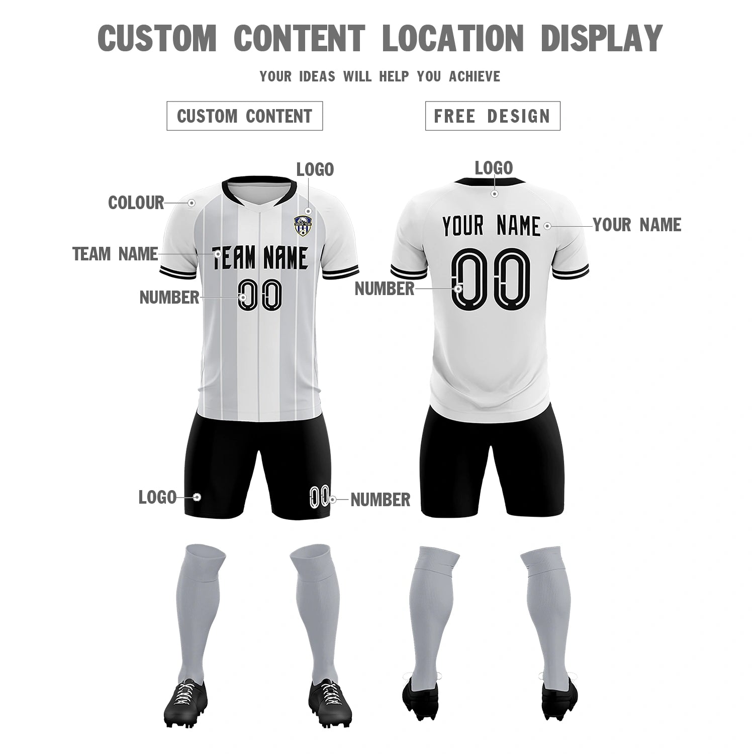 Custom White Black-Black Design Uniform Soccer Sets Jersey