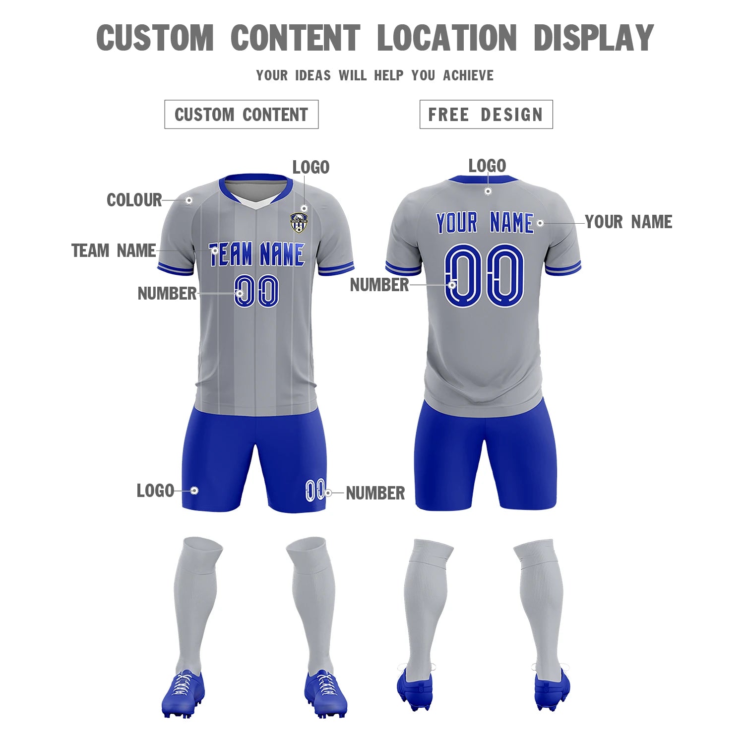 Custom Gray White-Royal Blue Design Uniform Soccer Sets Jersey