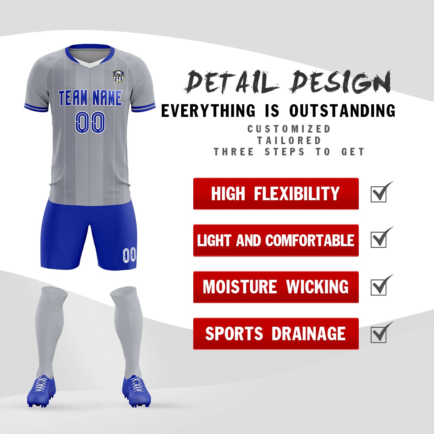 Custom Gray White-Royal Blue Design Uniform Soccer Sets Jersey