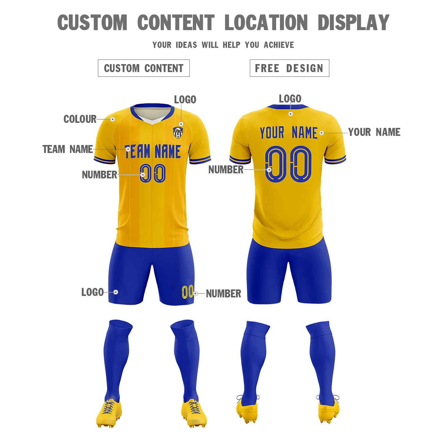 Custom Gold 01 White-Royal Blue Design Uniform Soccer Sets Jersey