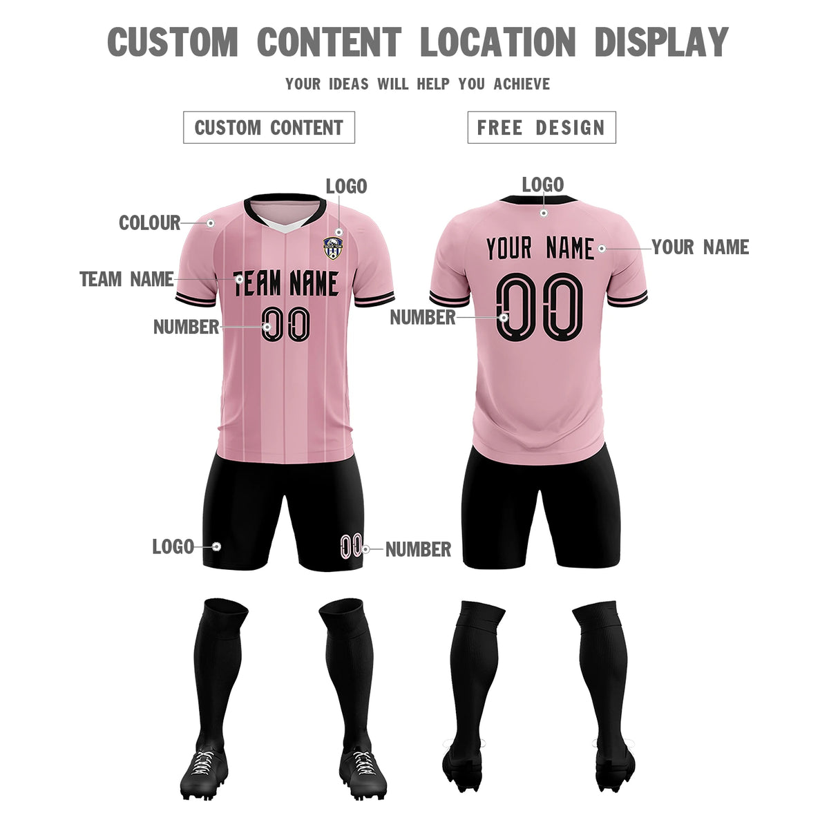 Custom Light Pink White-Black Design Uniform Soccer Sets Jersey