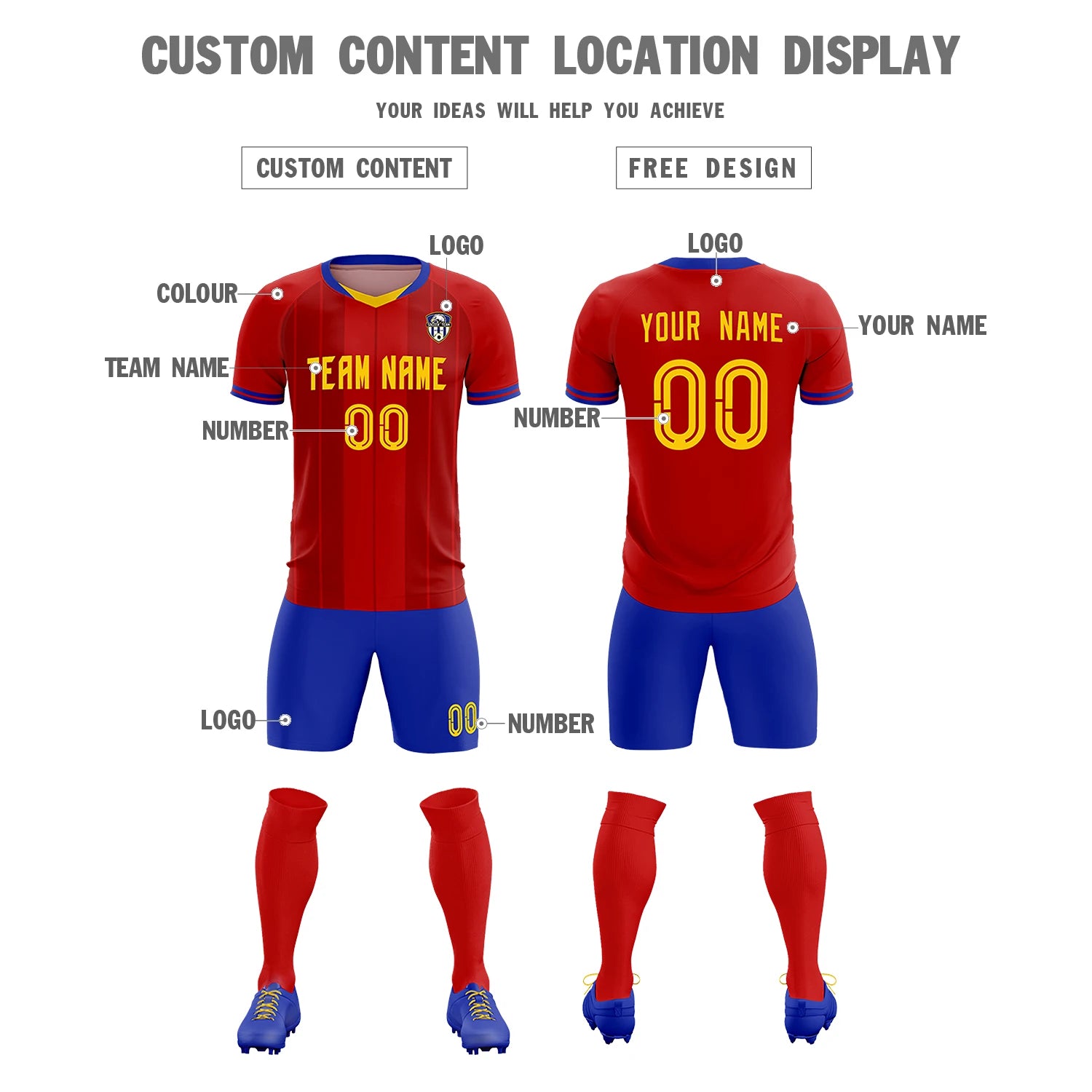Custom Red Gold 01-Royal Blue Design Uniform Soccer Sets Jersey
