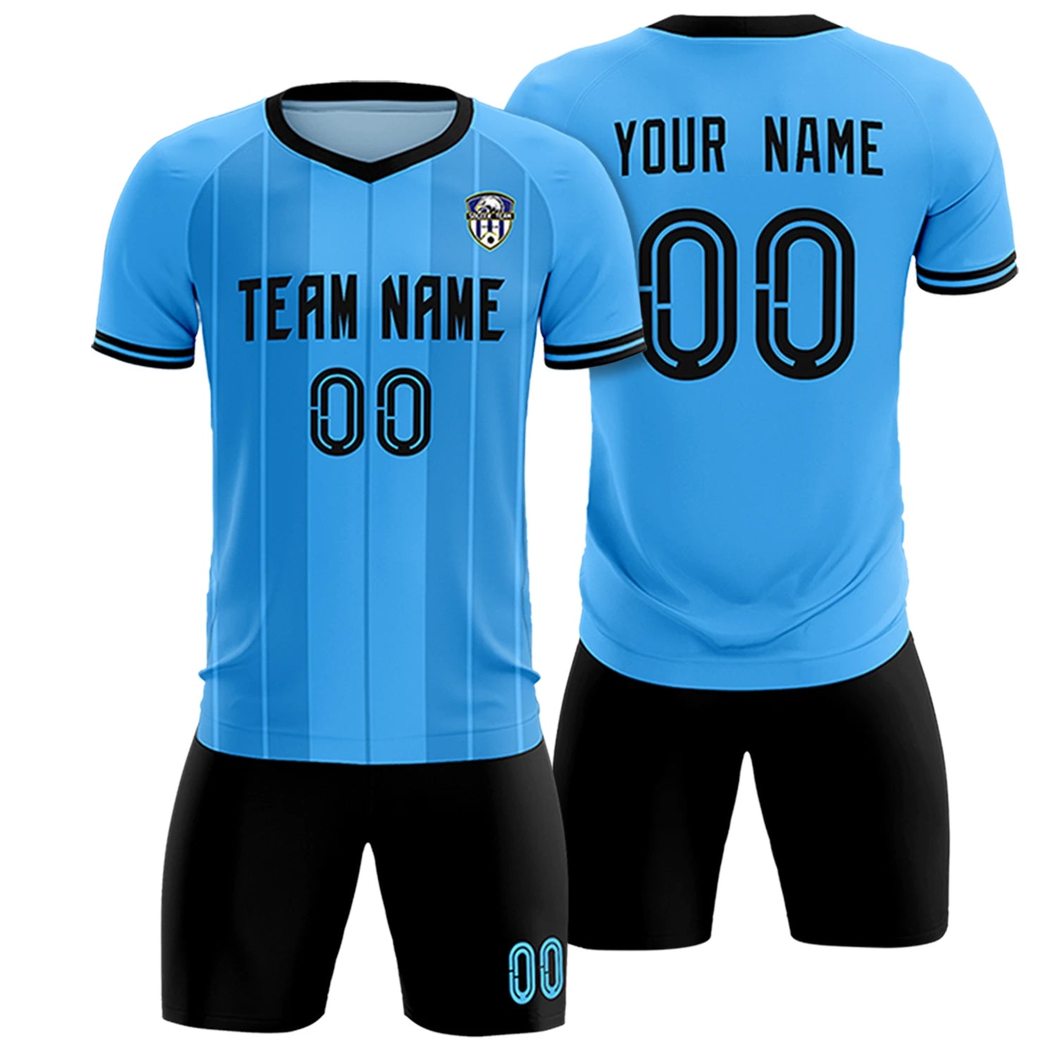 Custom Powder Blue Black-Black Design Uniform Soccer Sets Jersey