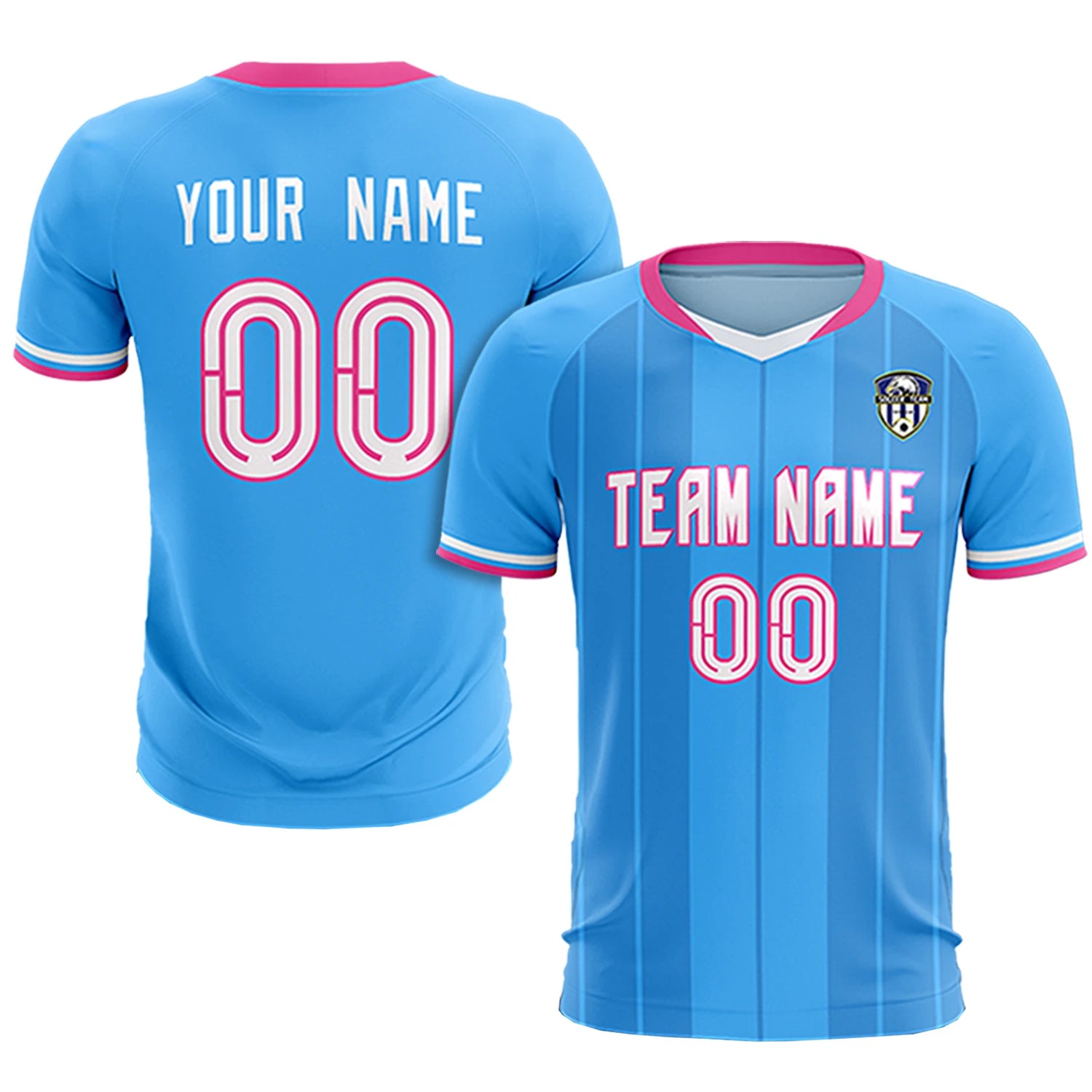 Custom Powder Blue Pink-Navy Design Uniform Soccer Sets Jersey