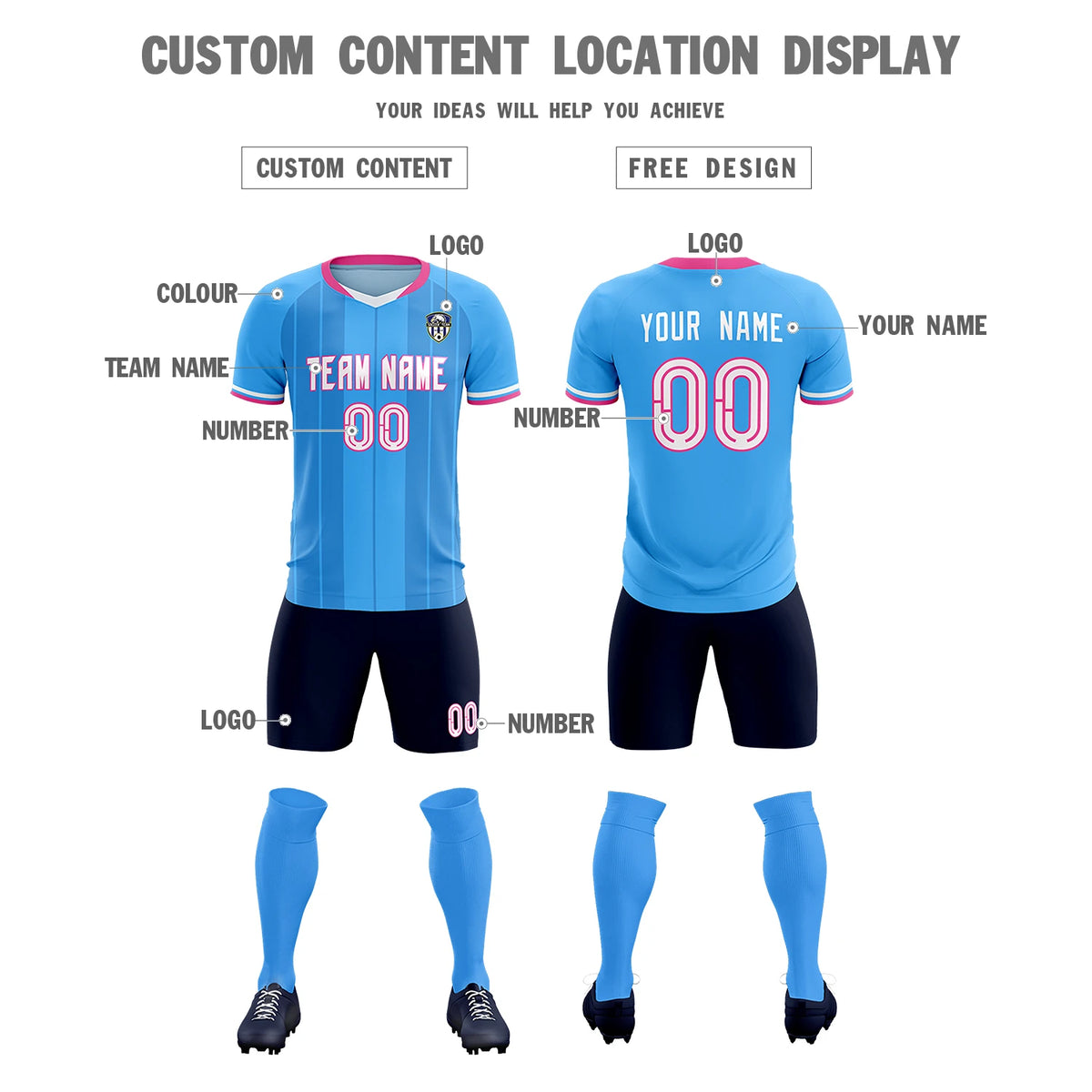 Custom Powder Blue Pink-Navy Design Uniform Soccer Sets Jersey