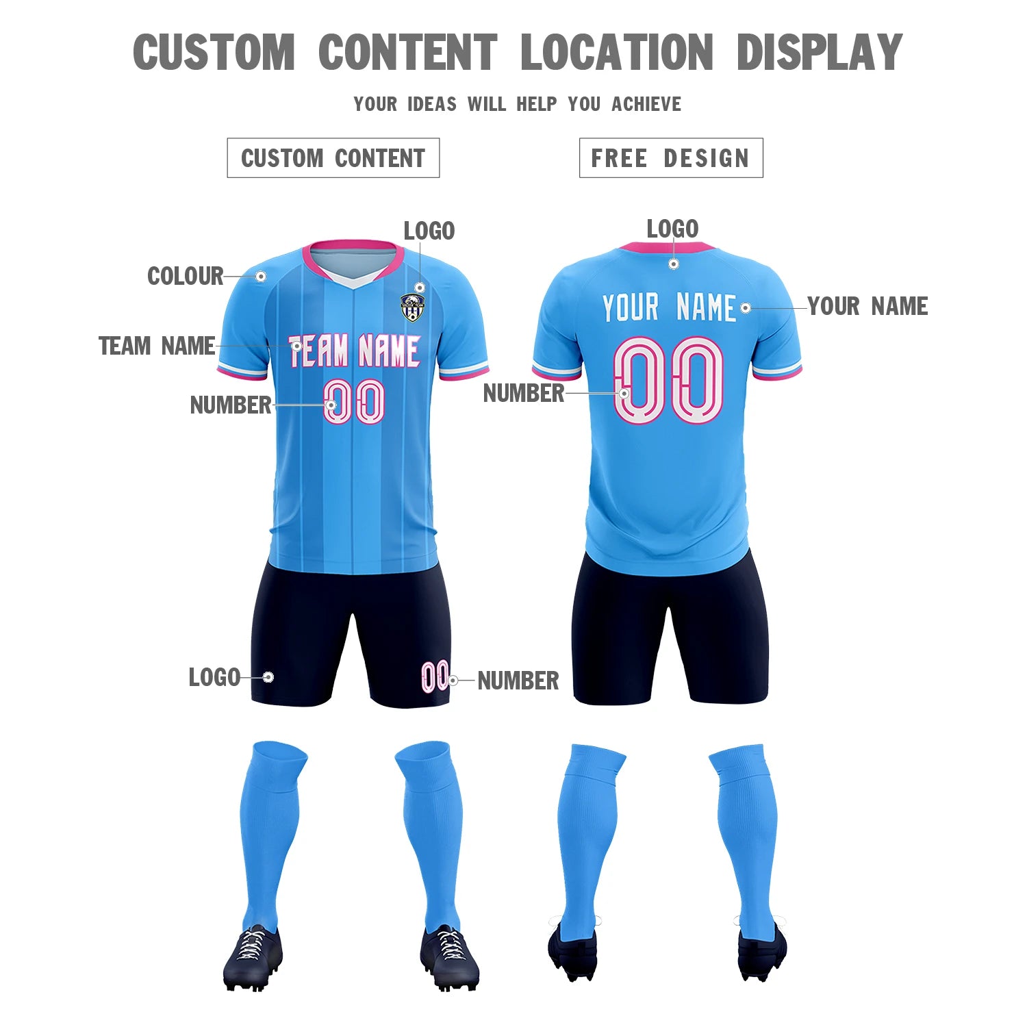 Custom Powder Blue Pink-Navy Design Uniform Soccer Sets Jersey