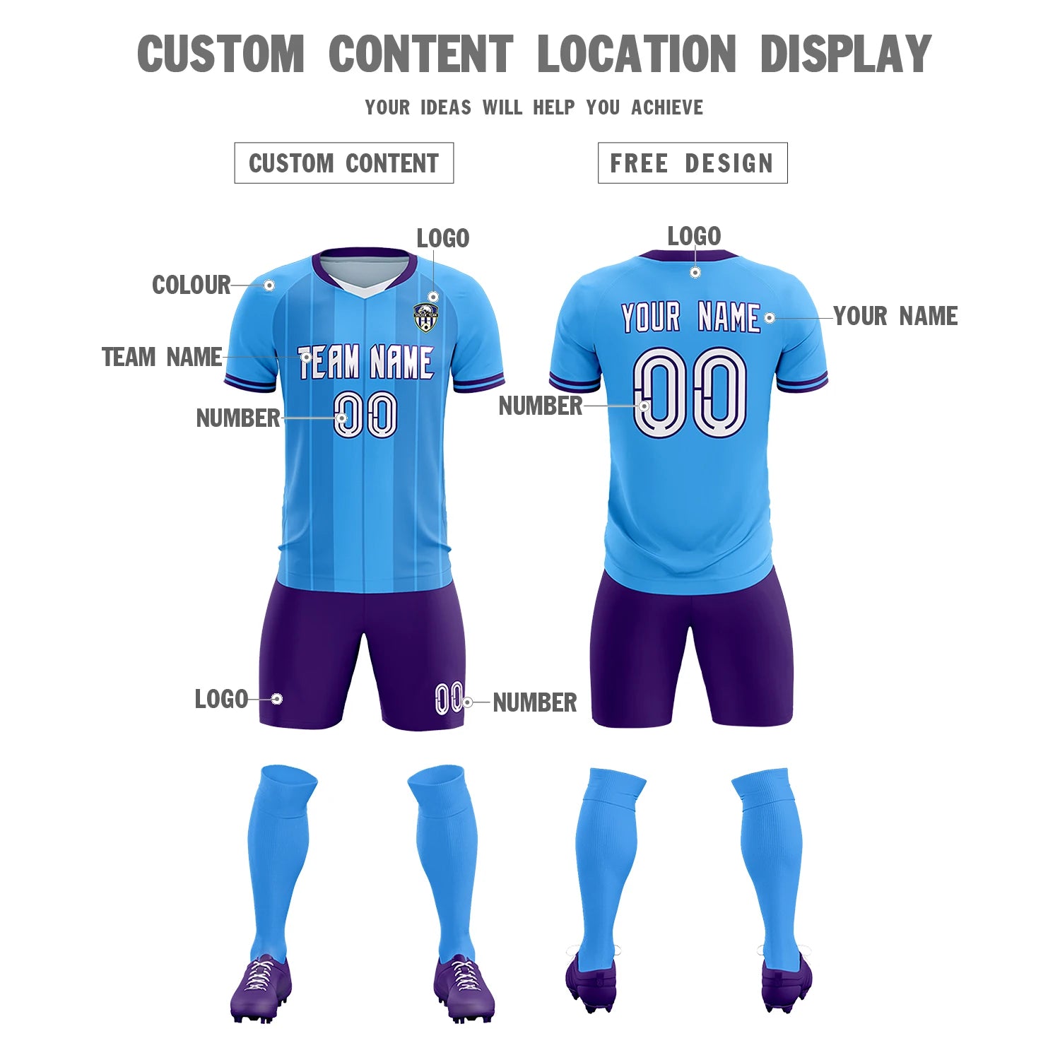 Custom Powder Blue White-Purple Design Uniform Soccer Sets Jersey
