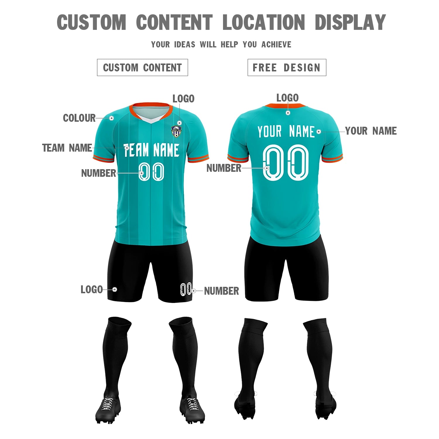 Custom Aqua Orange-Black Design Uniform Soccer Sets Jersey