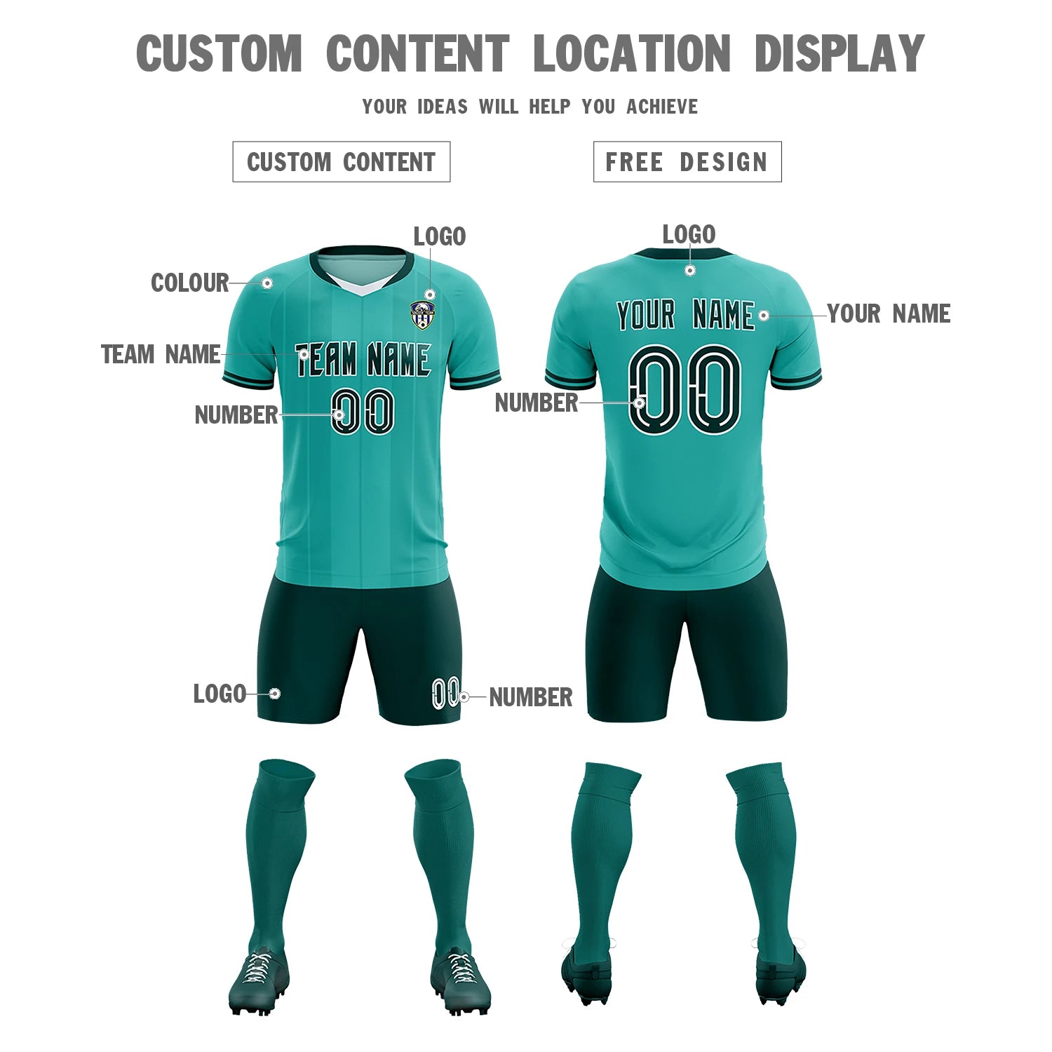 Custom Aqua White-Midnight Green Design Uniform Soccer Sets Jersey