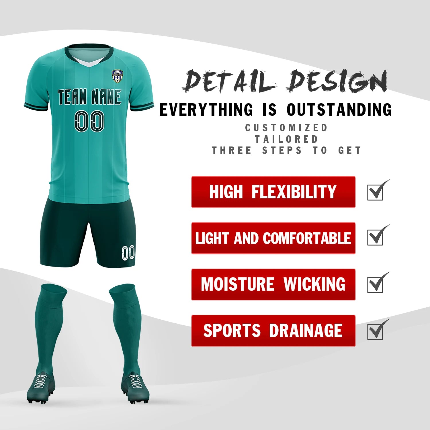 Custom Aqua White-Midnight Green Design Uniform Soccer Sets Jersey