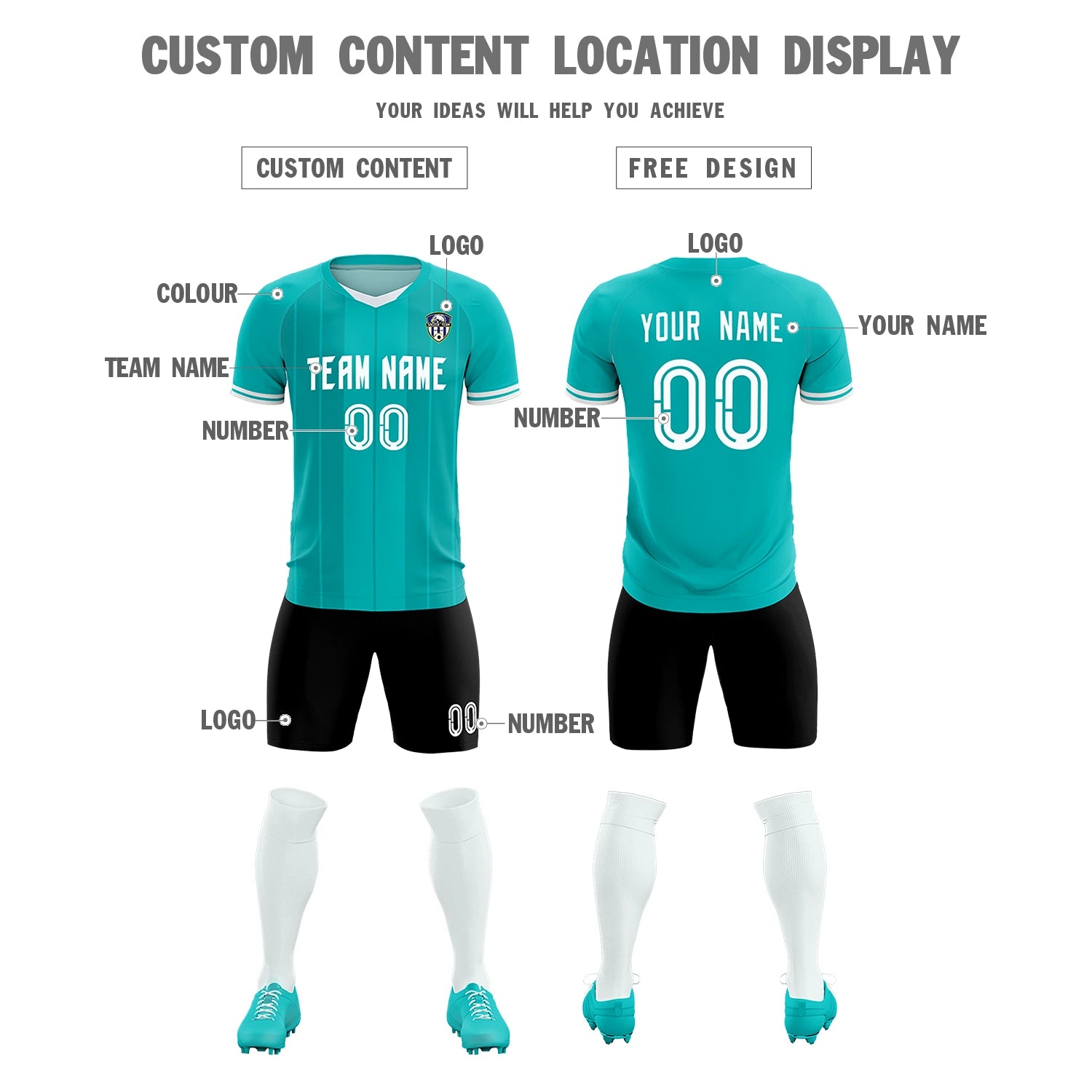 Custom Aqua White-Black Design Uniform Soccer Sets Jersey