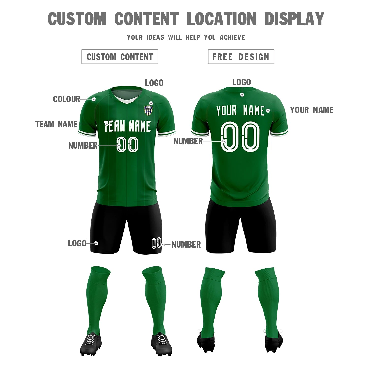 Custom Kelly Green White-Black Design Uniform Soccer Sets Jersey