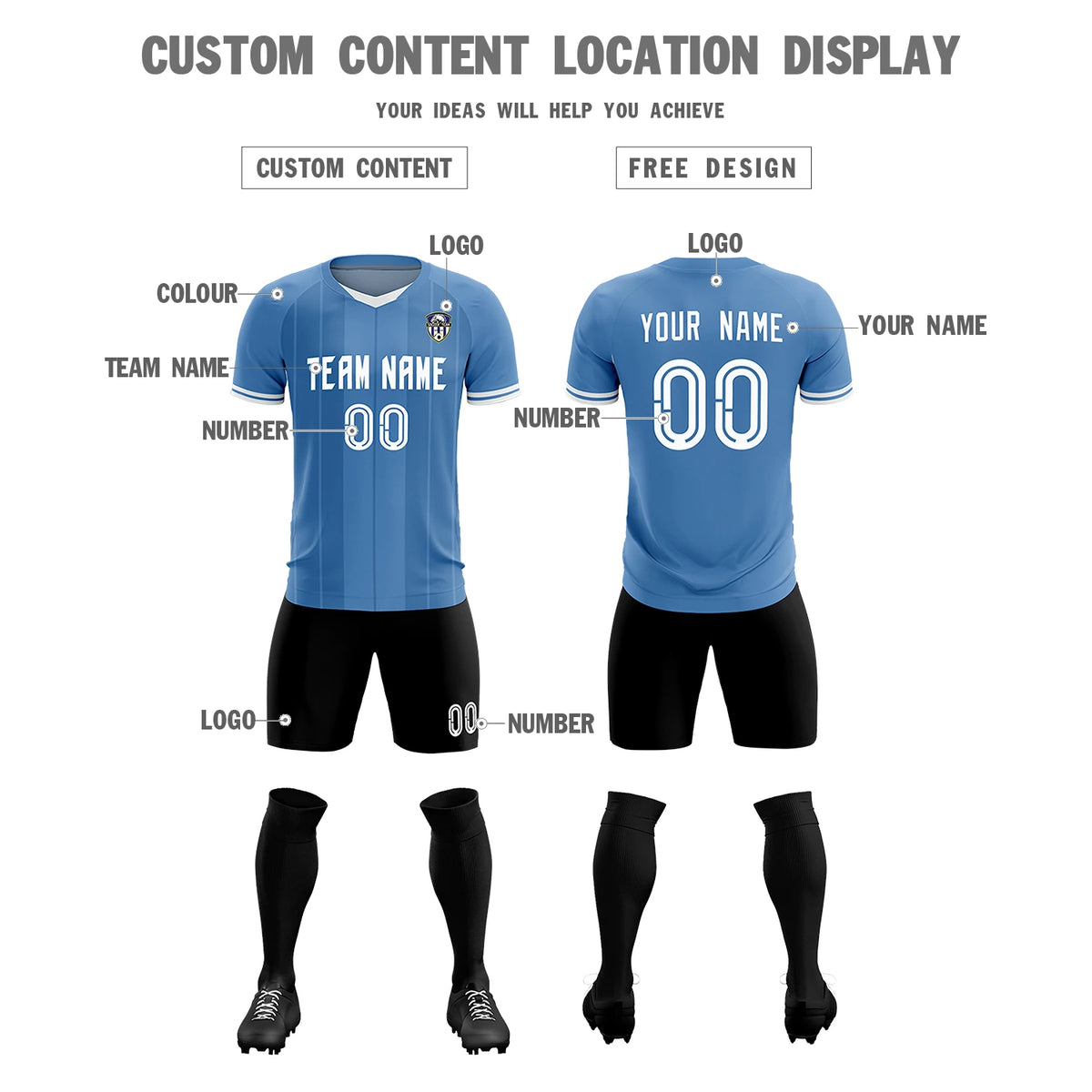 Custom Light Blue White-Black Design Uniform Soccer Sets Jersey