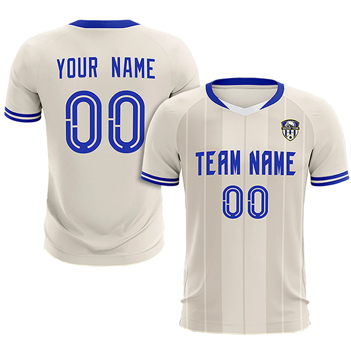 Custom Khaki White-Royal Blue Design Uniform Soccer Sets Jersey