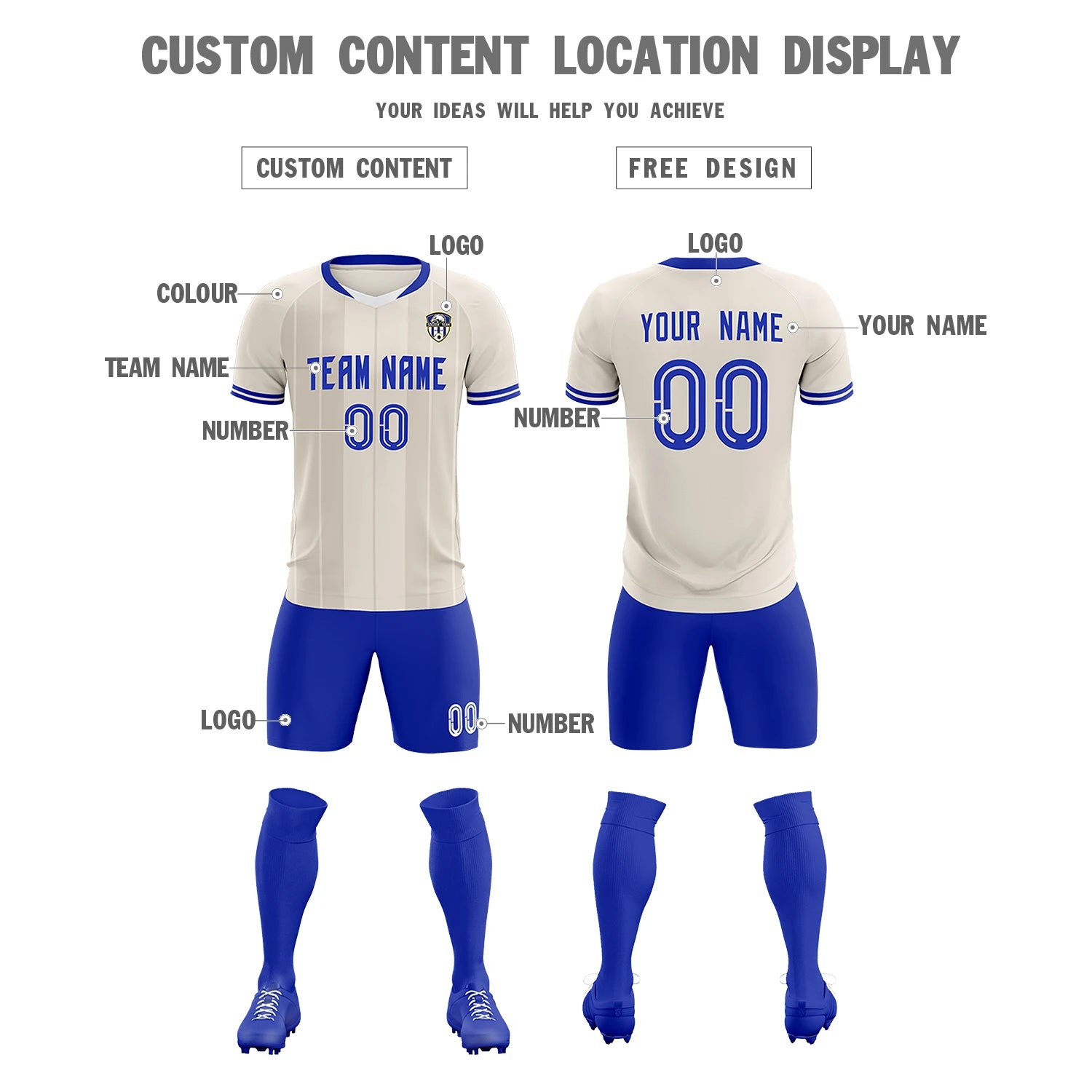 Custom Khaki White-Royal Blue Design Uniform Soccer Sets Jersey