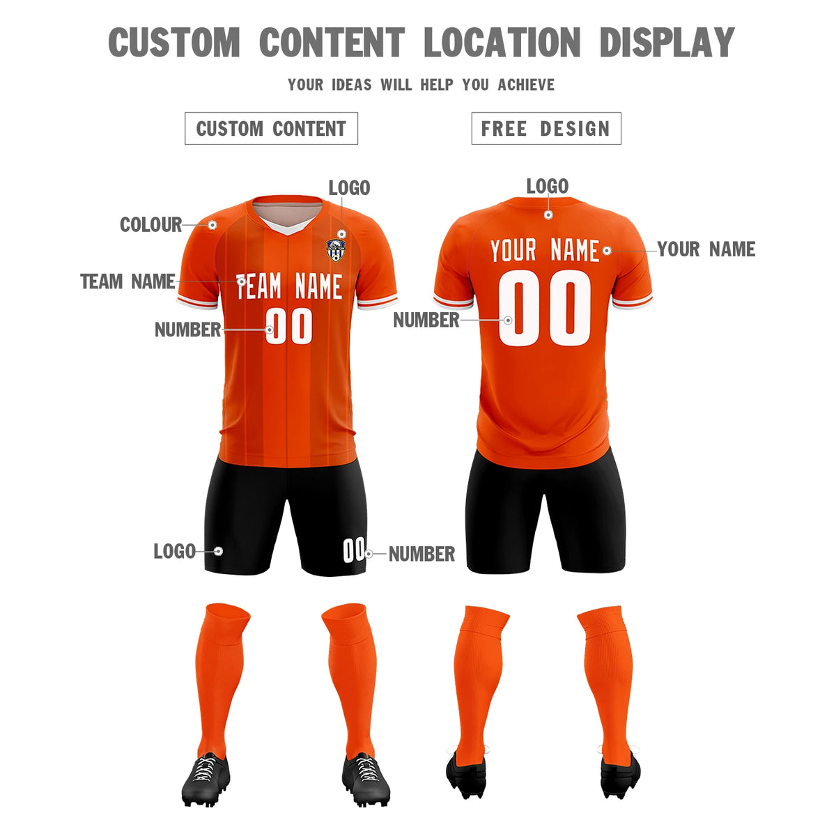 Custom Orange White-Black Design Uniform Soccer Sets Jersey