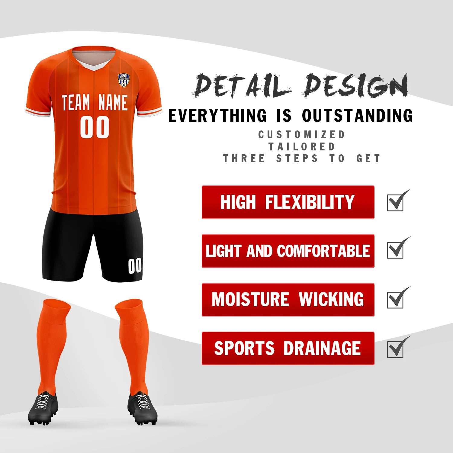 Custom Orange White-Black Design Uniform Soccer Sets Jersey