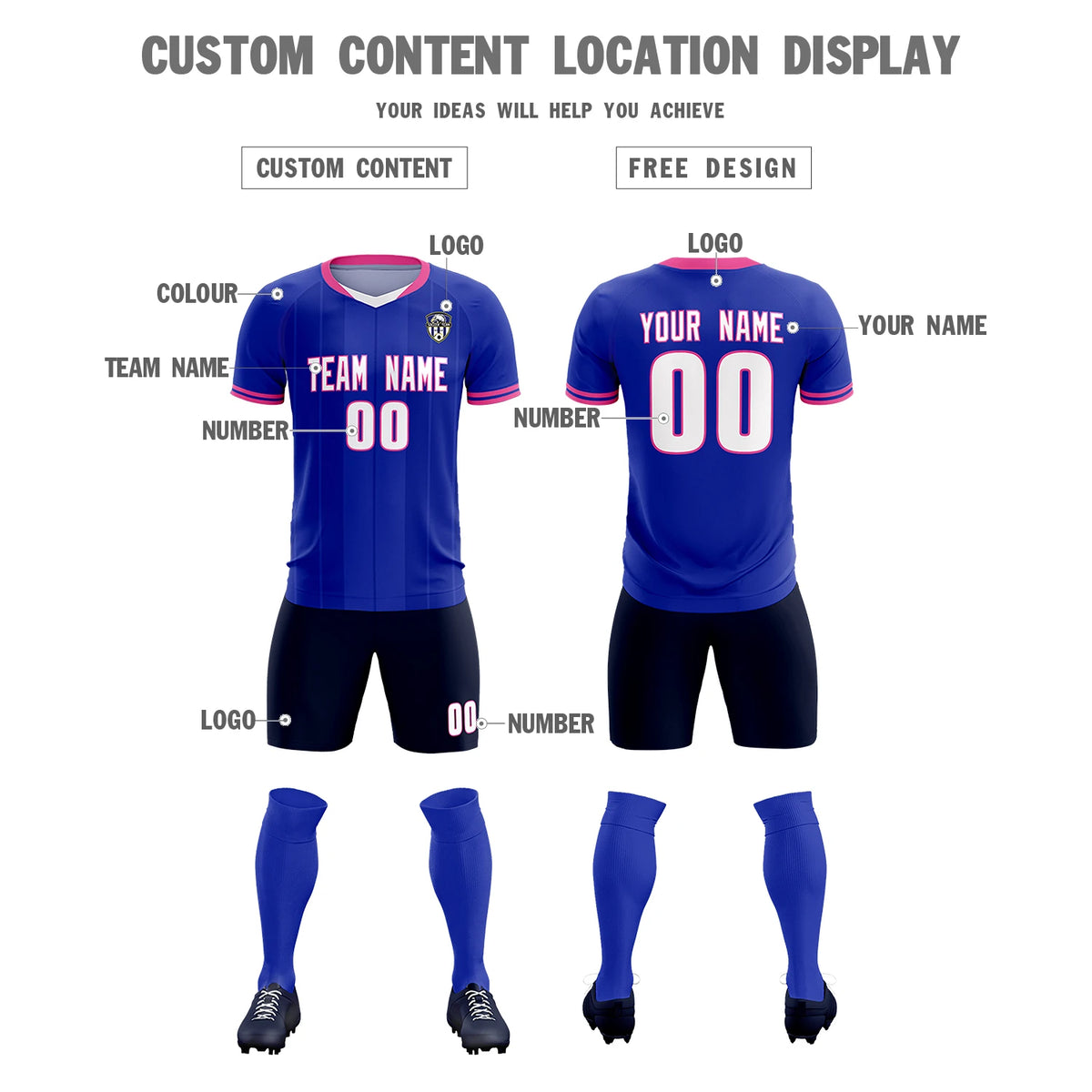 Custom Royal Blue-Pink Navy Design Uniform Soccer Sets Jersey