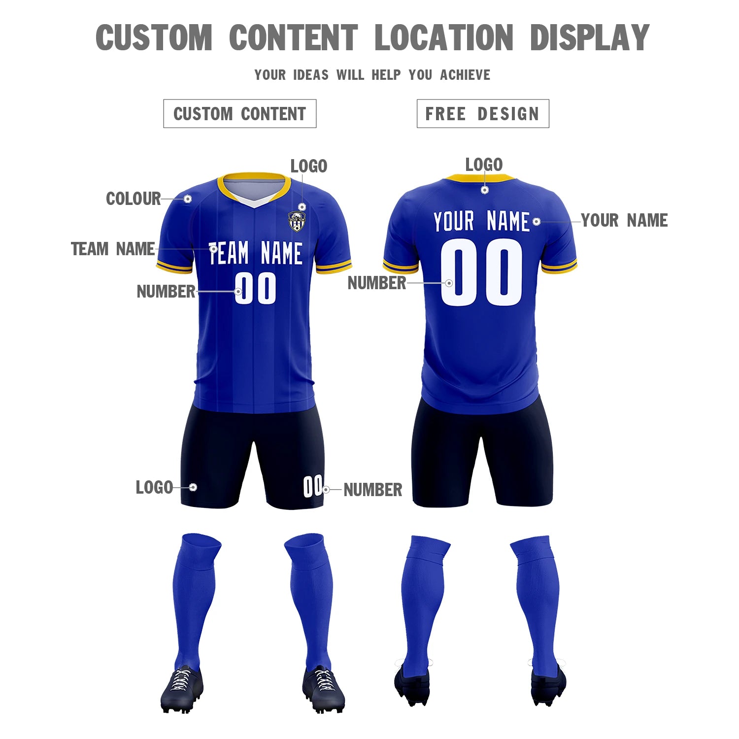 Custom Royal Blue-Old Gold Navy Design Uniform Soccer Sets Jersey