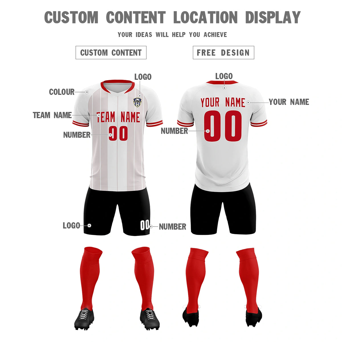 Custom White Red-Black Design Uniform Soccer Sets Jersey