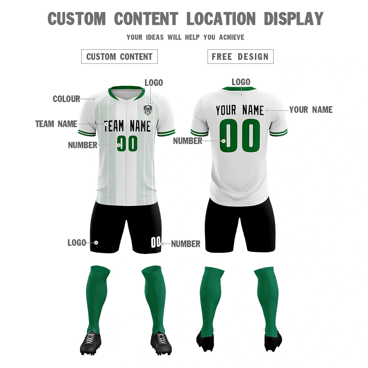 Custom White Kelly Green-Black Design Uniform Soccer Sets Jersey