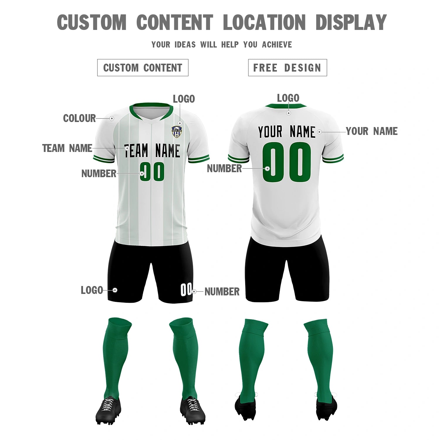 Custom White Kelly Green-Black Design Uniform Soccer Sets Jersey