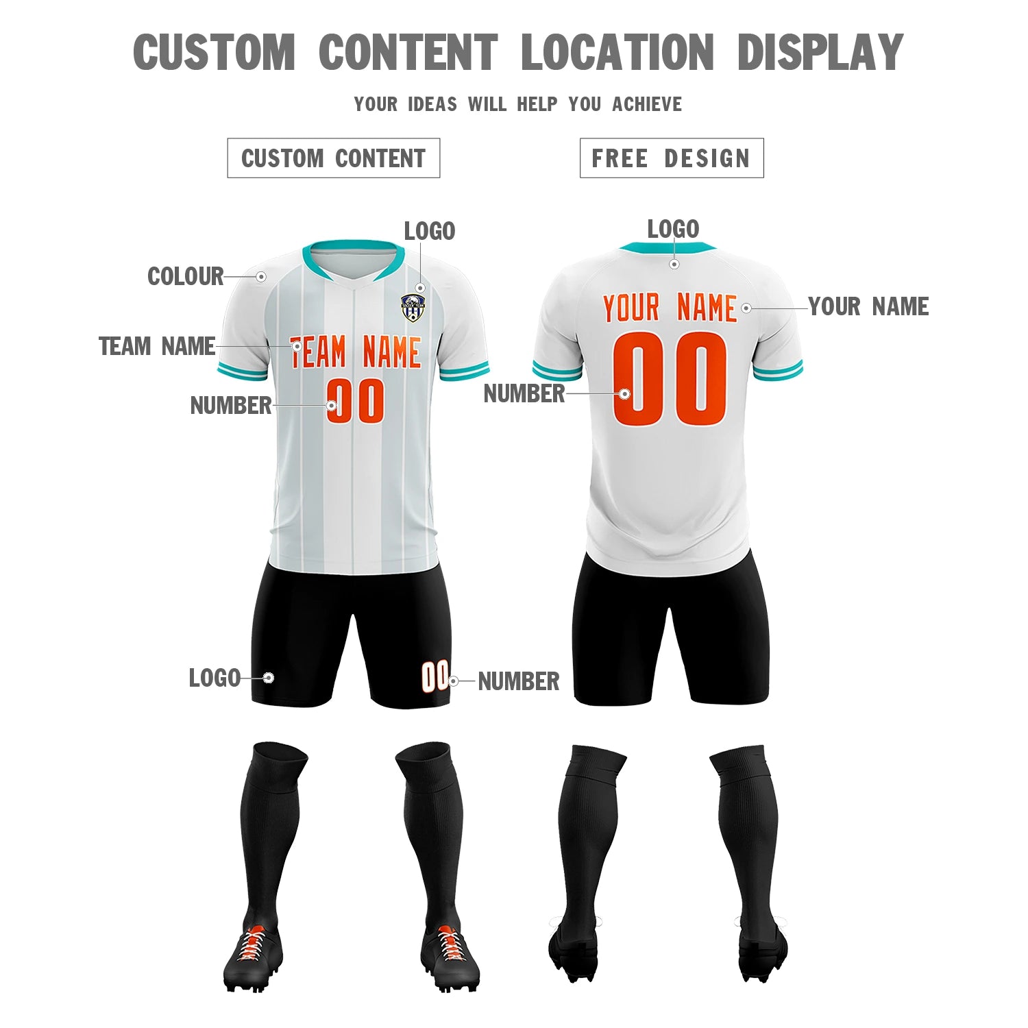 Custom White Aqua-Black Design Uniform Soccer Sets Jersey
