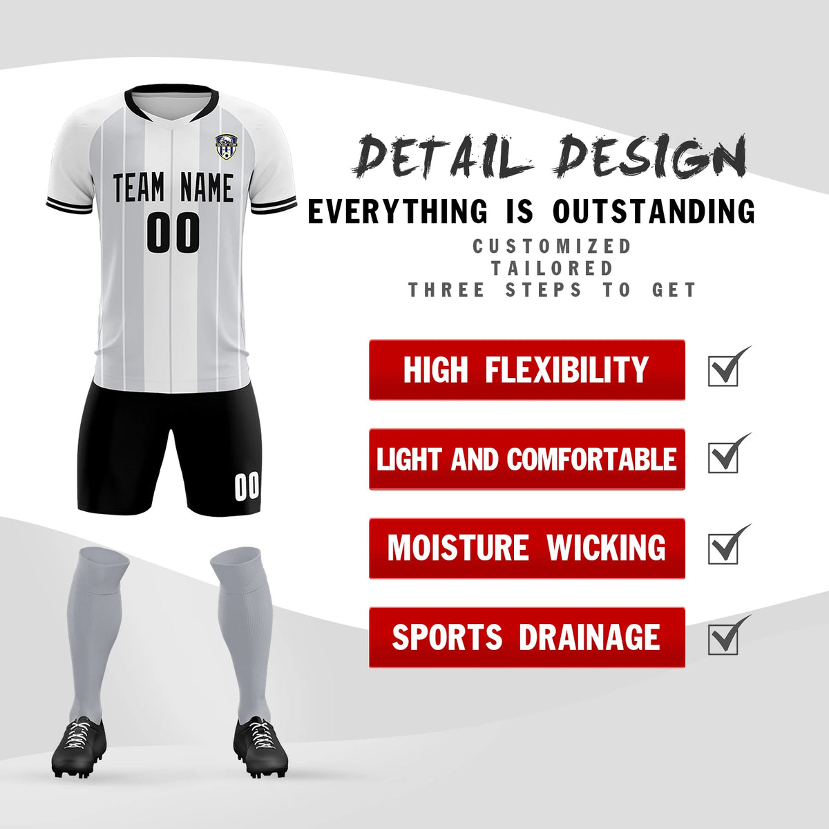 Custom White Black-Black Design Uniform Soccer Sets Jersey