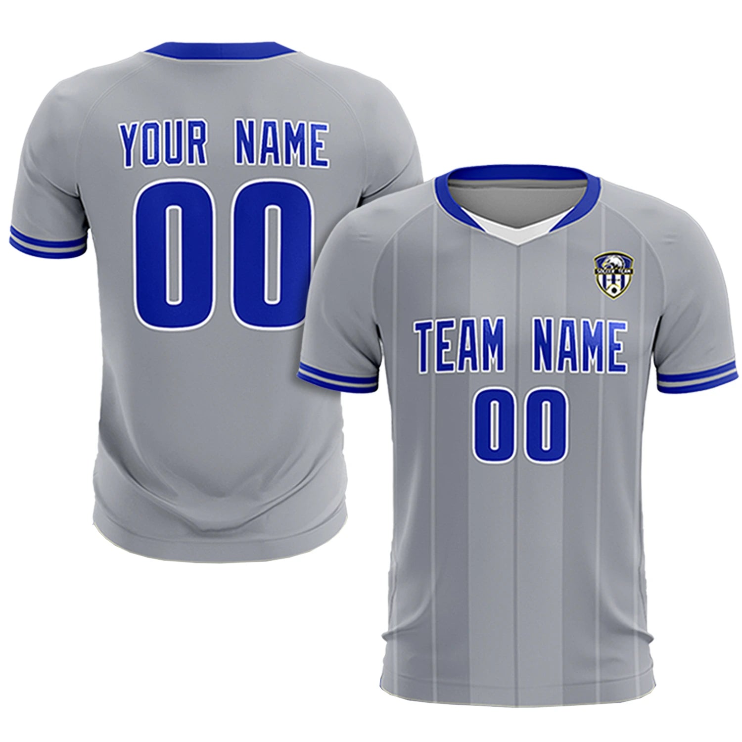 Custom Gray White-Royal Blue Design Uniform Soccer Sets Jersey