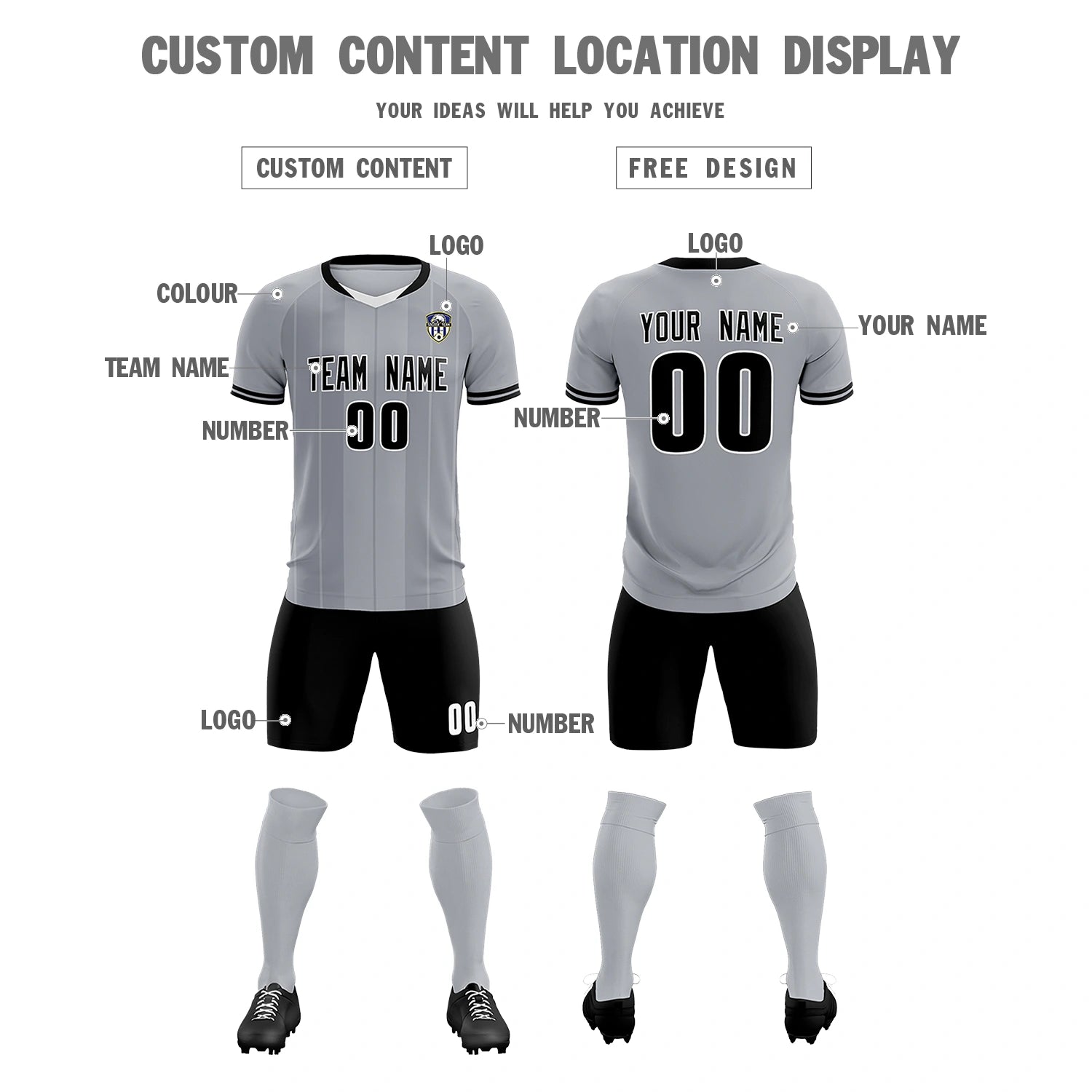 Custom Gray White-Black Design Uniform Soccer Sets Jersey