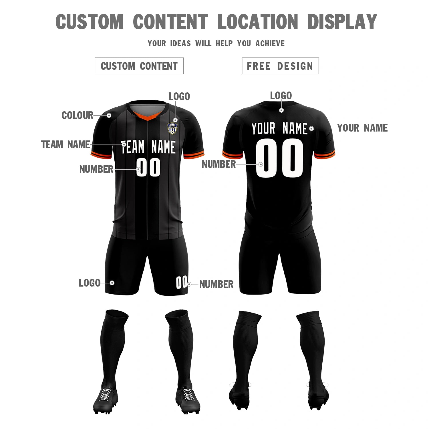 Custom Black Orange-Black Design Uniform Soccer Sets Jersey