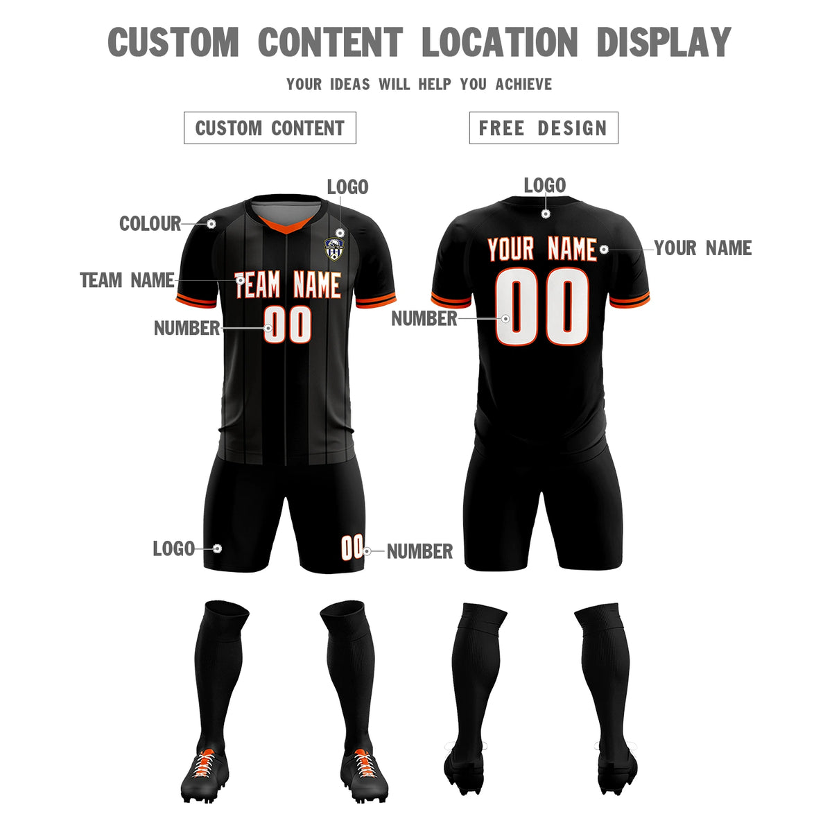 Custom Black Orange-Black Design Uniform Soccer Sets Jersey