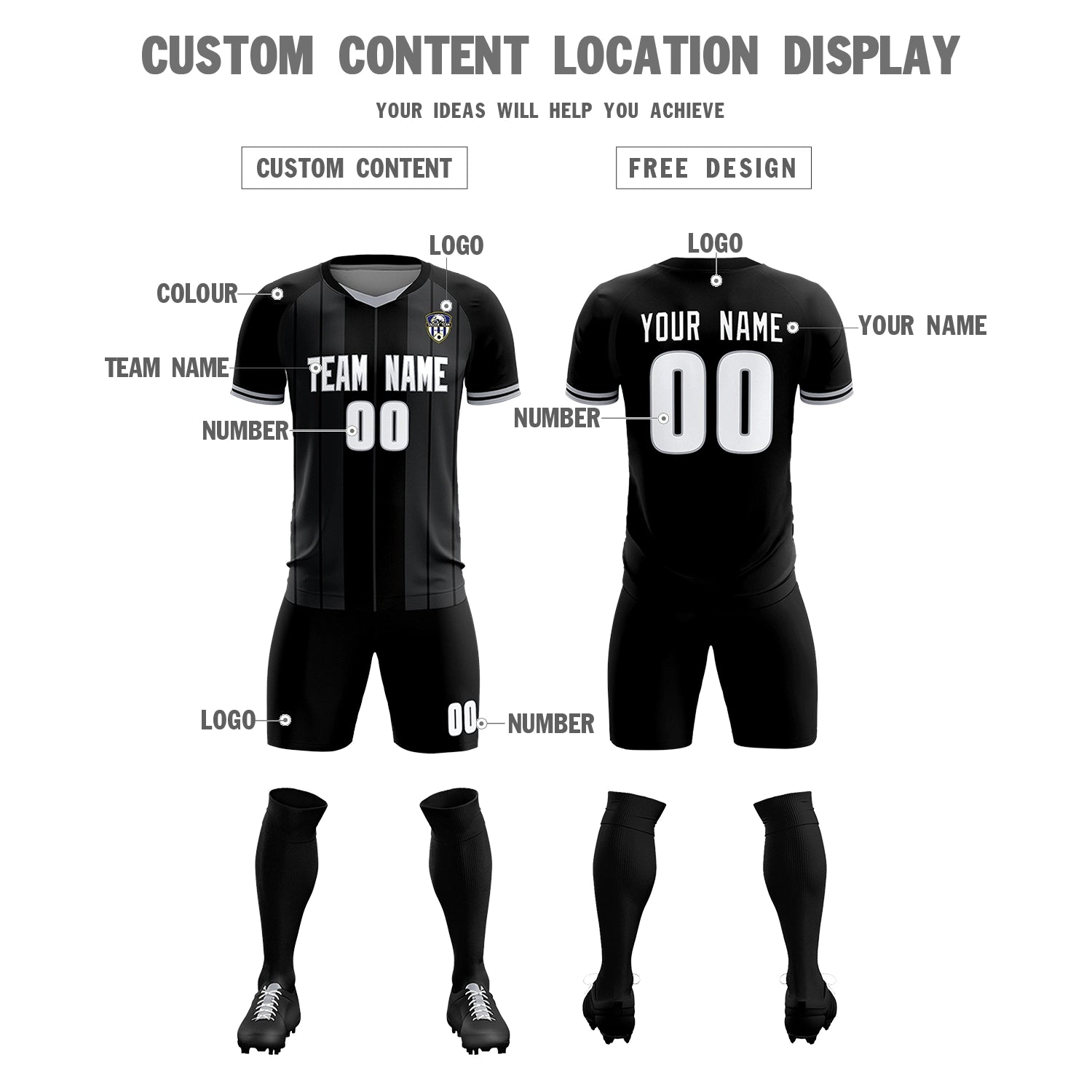 Custom Black Gray-Black Design Uniform Soccer Sets Jersey