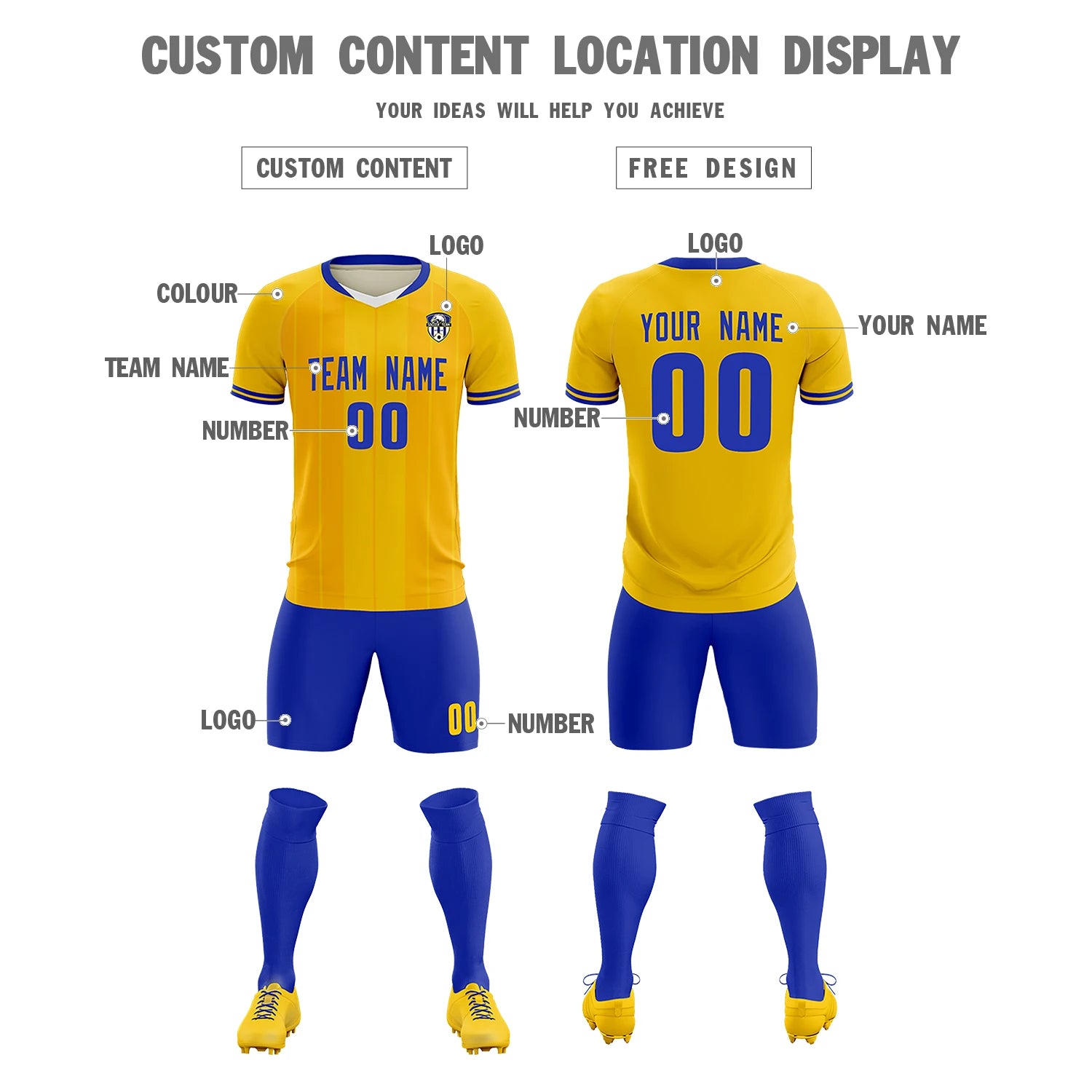 Custom Gold 01 White-Royal Blue Design Uniform Soccer Sets Jersey