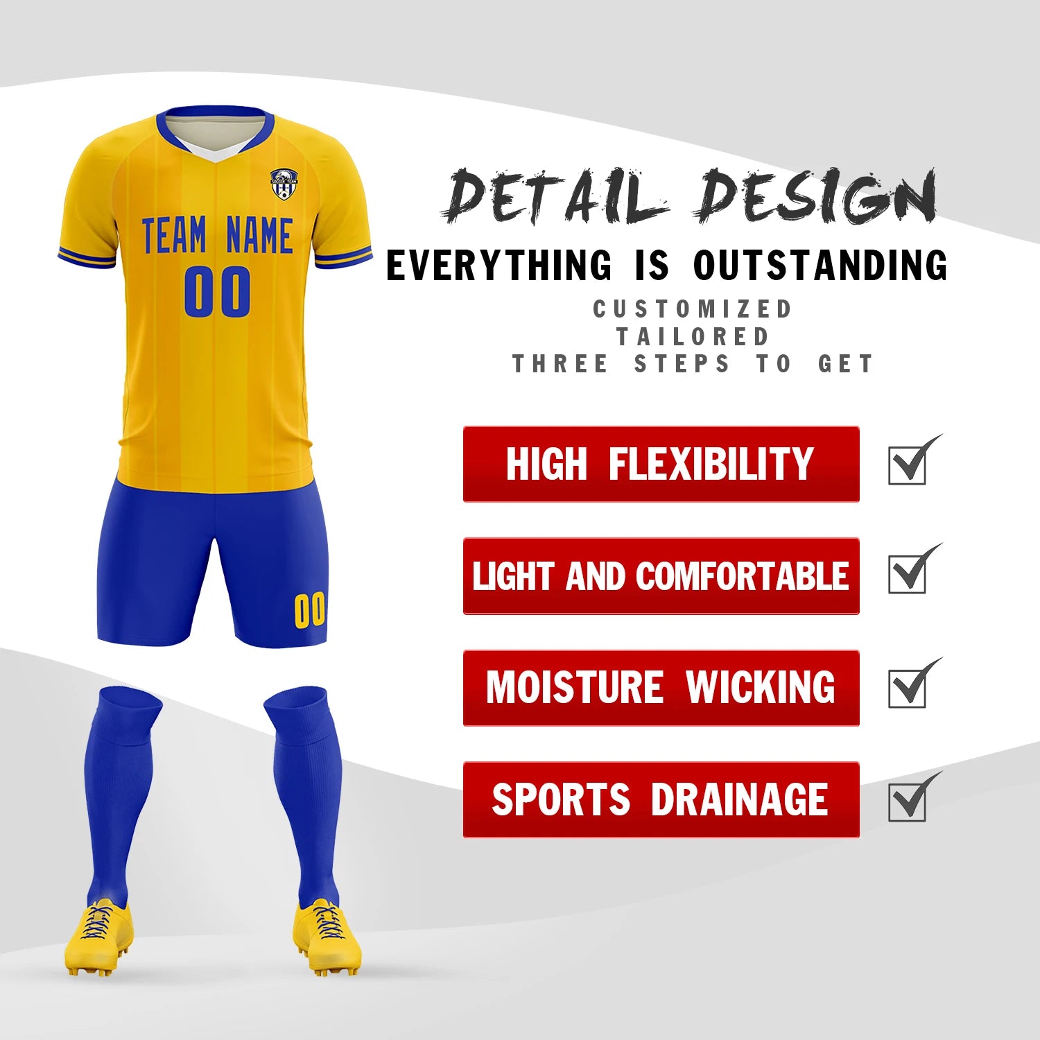 Custom Gold 01 White-Royal Blue Design Uniform Soccer Sets Jersey