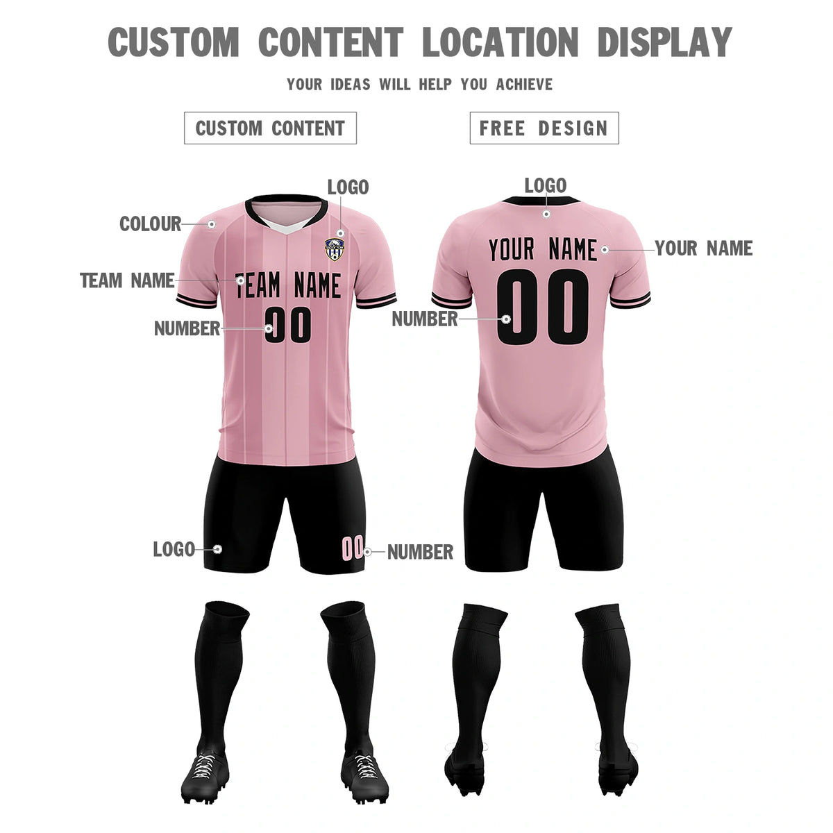 Custom Light Pink White-Black Design Uniform Soccer Sets Jersey