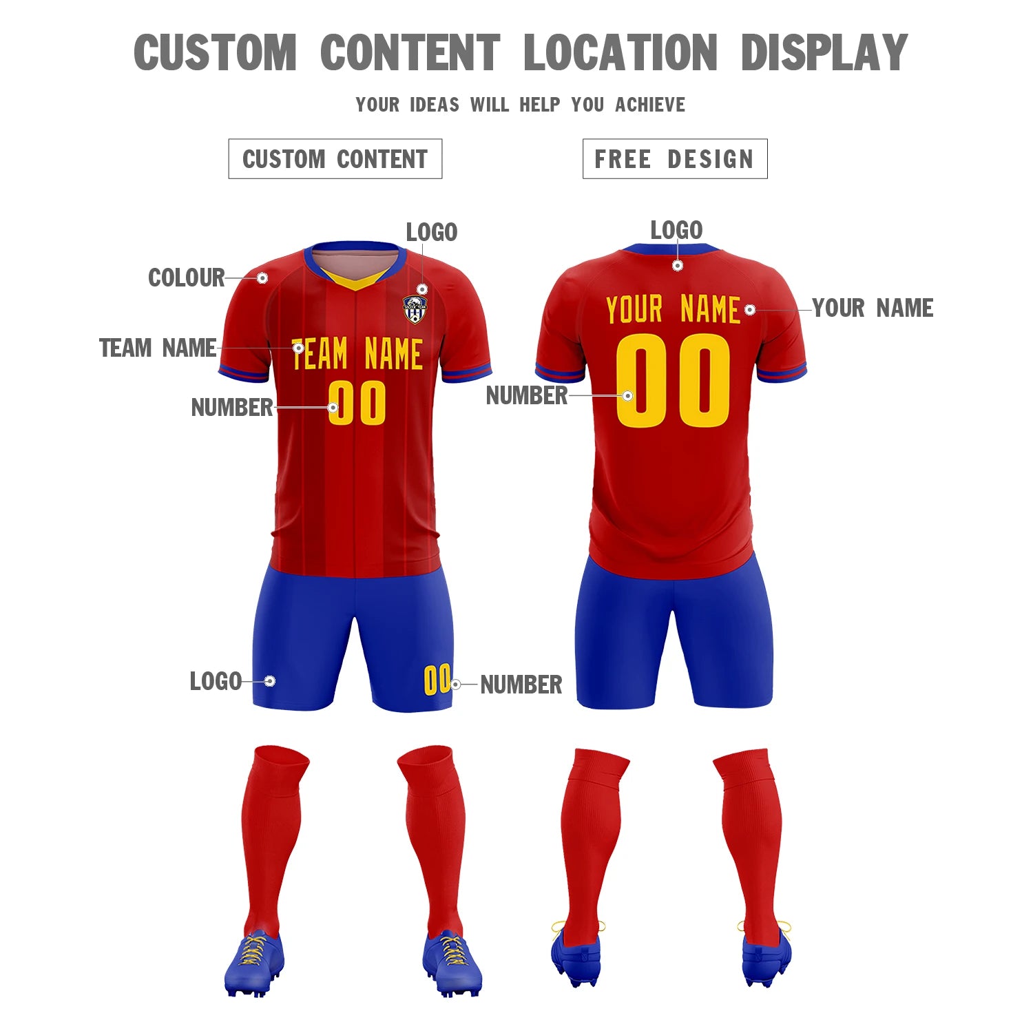 Custom Red Gold 01-Royal Blue Design Uniform Soccer Sets Jersey