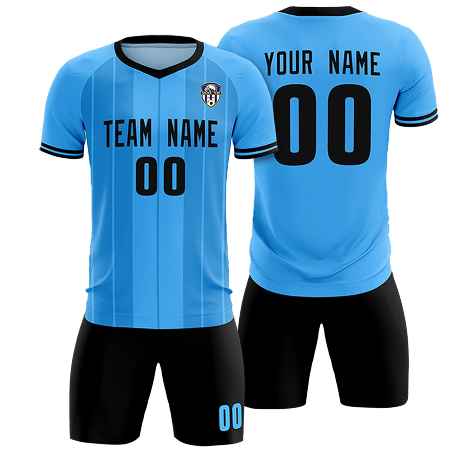 Custom Powder Blue Black-Black Design Uniform Soccer Sets Jersey