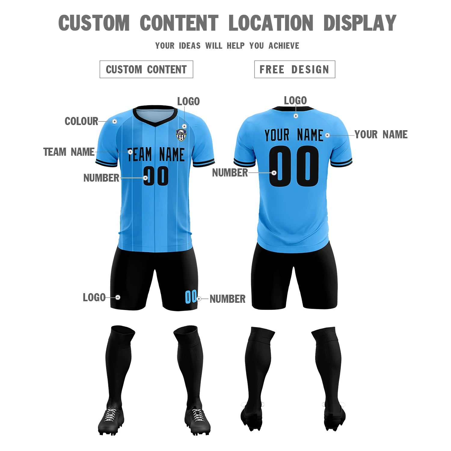 Custom Powder Blue Black-Black Design Uniform Soccer Sets Jersey