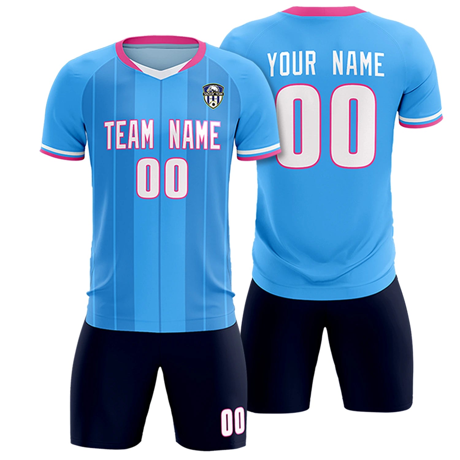 Custom Powder Blue Pink-Navy Design Uniform Soccer Sets Jersey