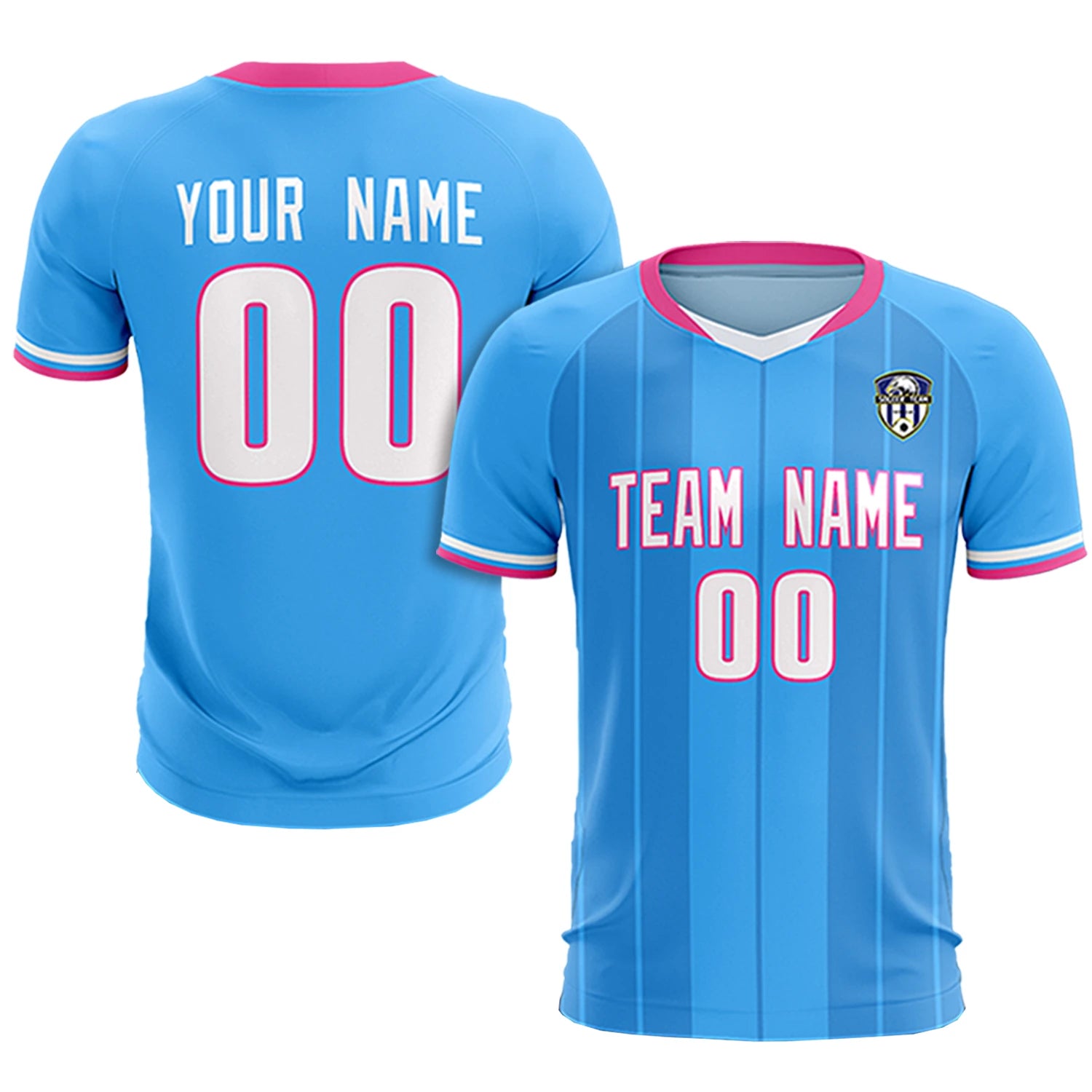 Custom Powder Blue Pink-Navy Design Uniform Soccer Sets Jersey