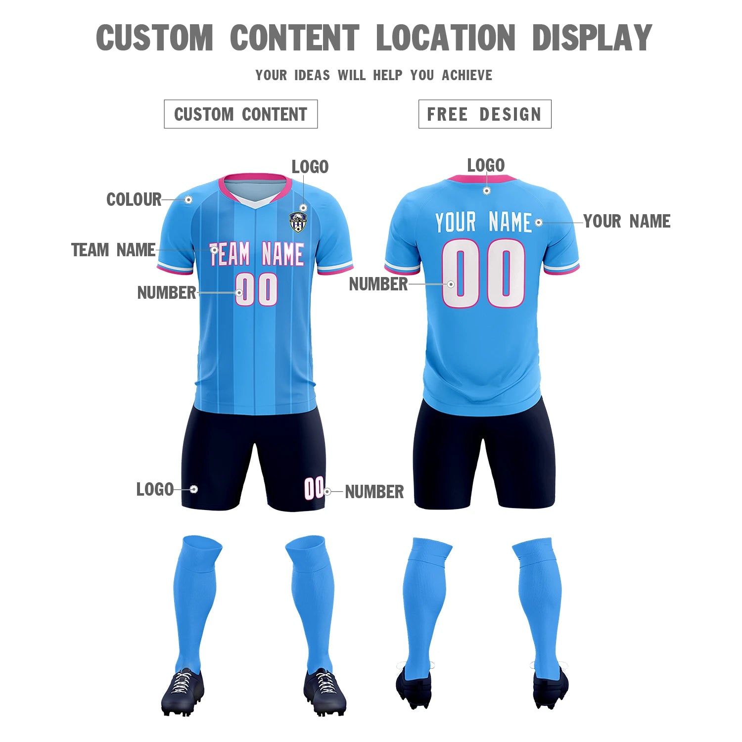 Custom Powder Blue Pink-Navy Design Uniform Soccer Sets Jersey