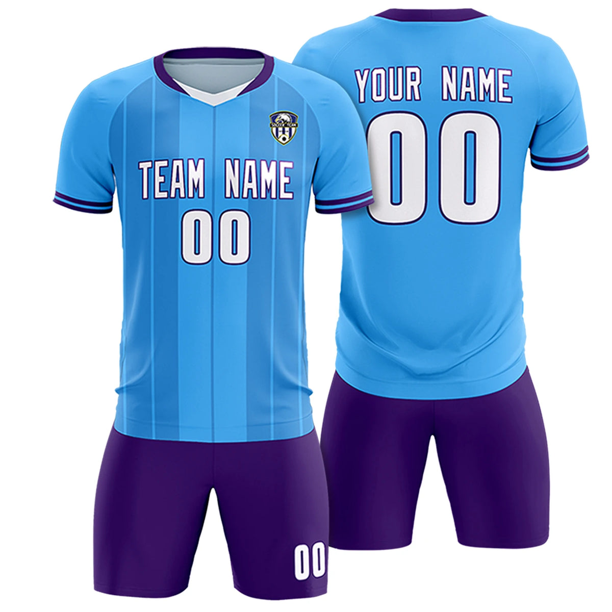 Custom Powder Blue White-Purple Design Uniform Soccer Sets Jersey