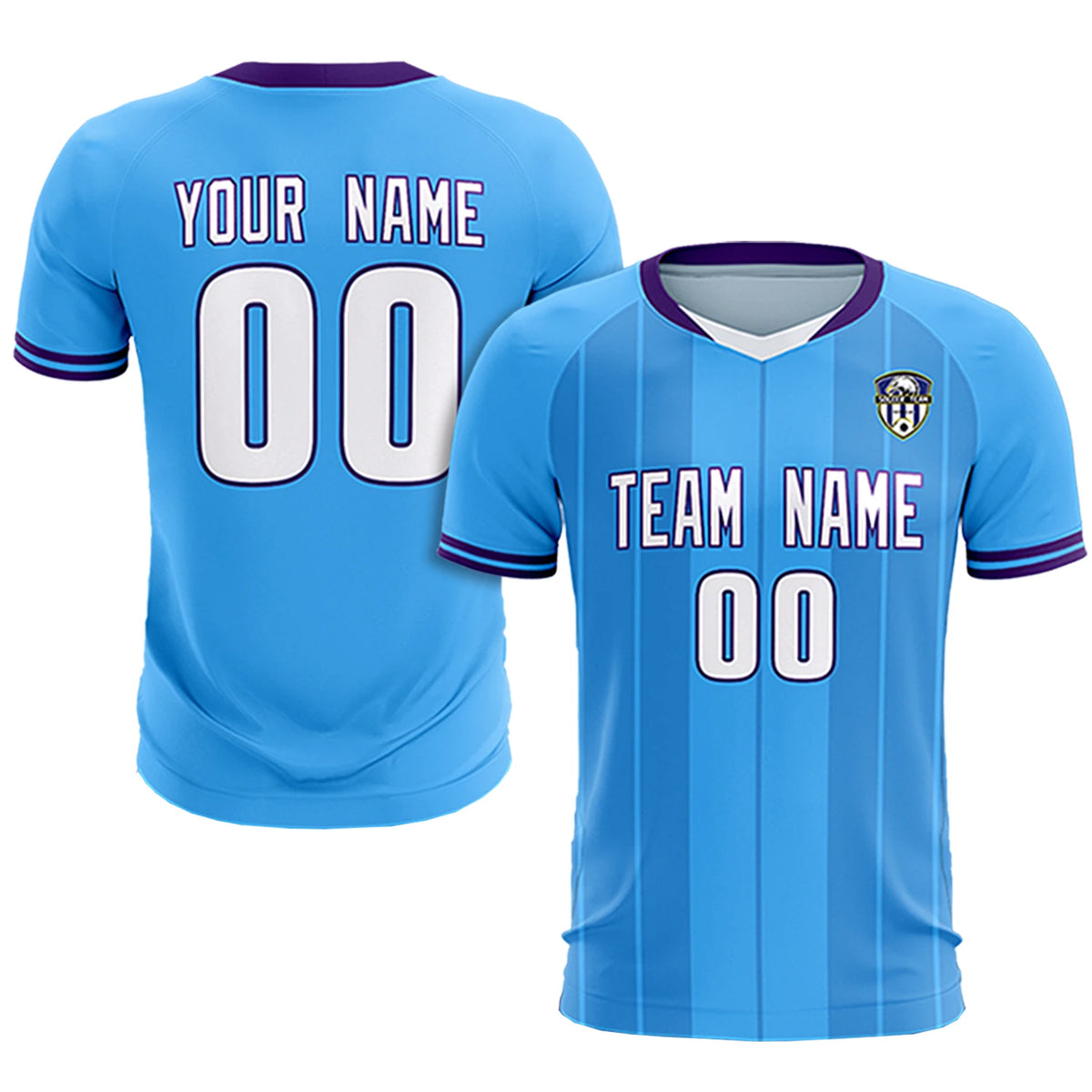 Custom Powder Blue White-Purple Design Uniform Soccer Sets Jersey